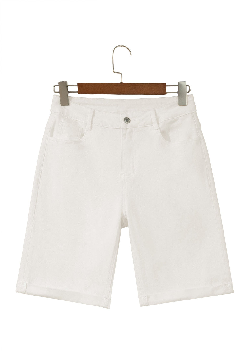 White Solid Color Rolled Cuffs Denim Bermuda Shorts
