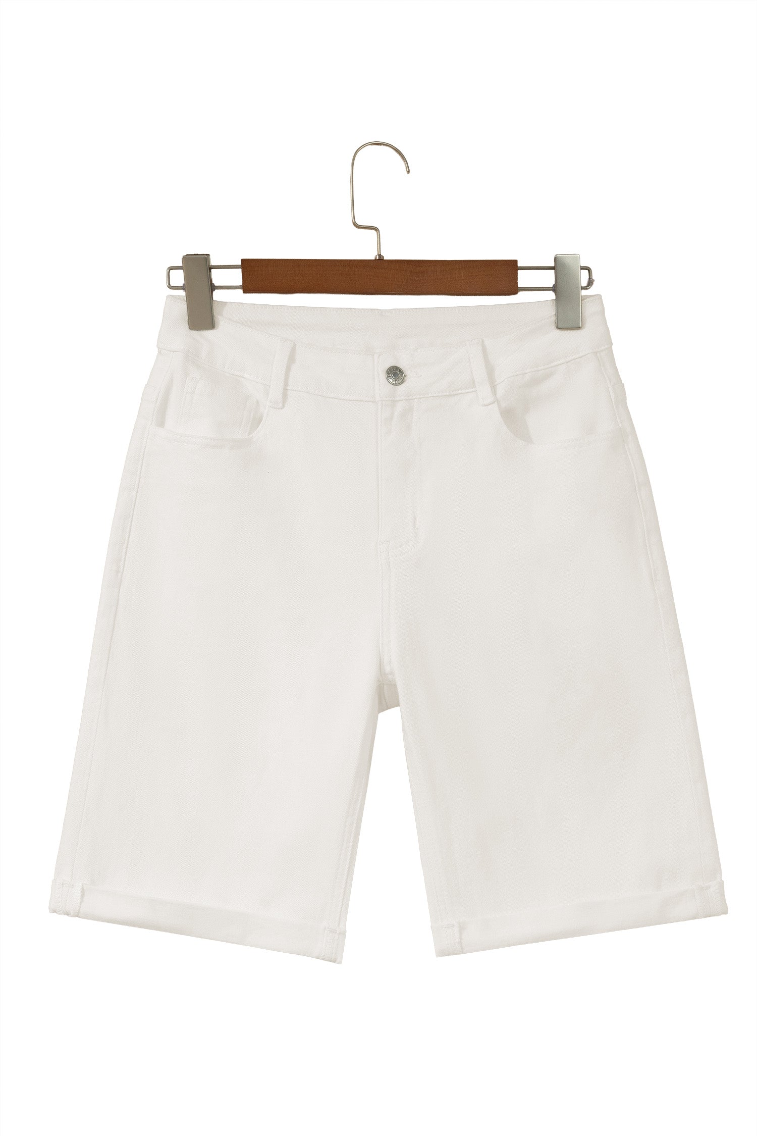 White Solid Color Rolled Cuffs Denim Bermuda Shorts