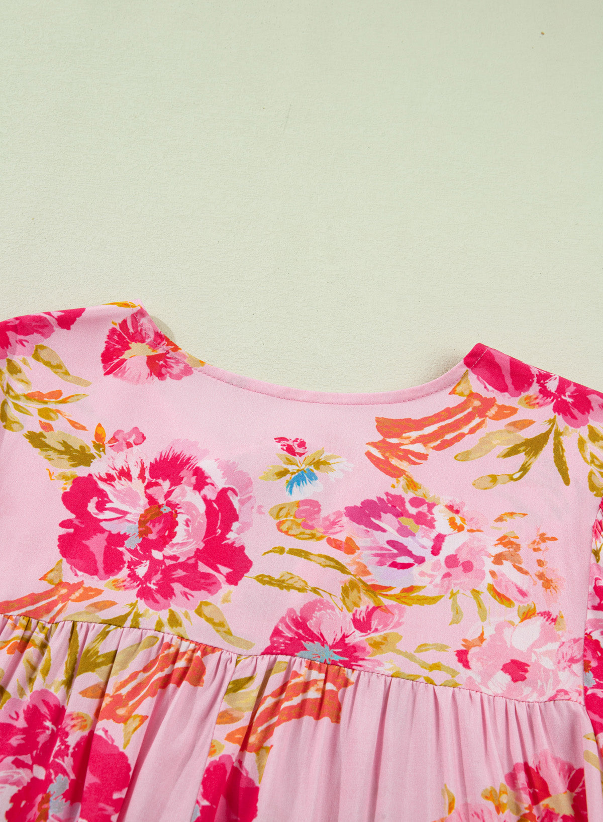 Pink Plus Size Floral Print V Neck Tie Front Short Sleeve Tunic Top