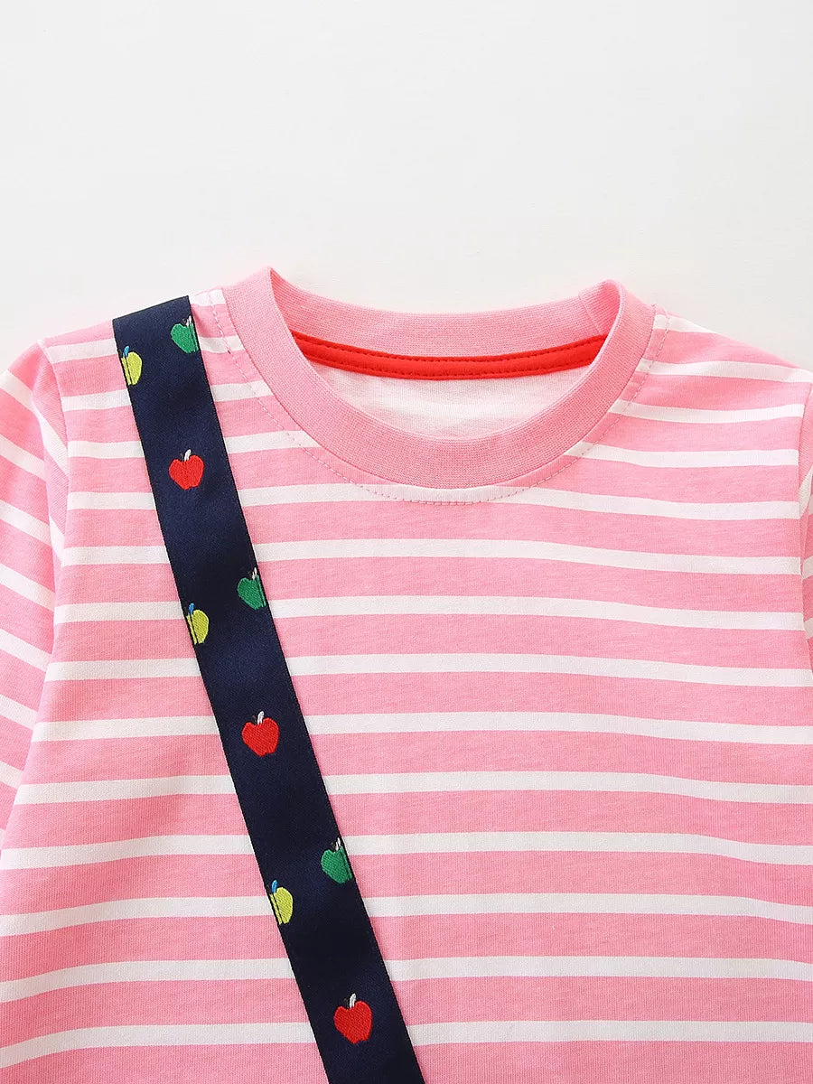 Children's Apple Applique Striped Long Sleeve Dress