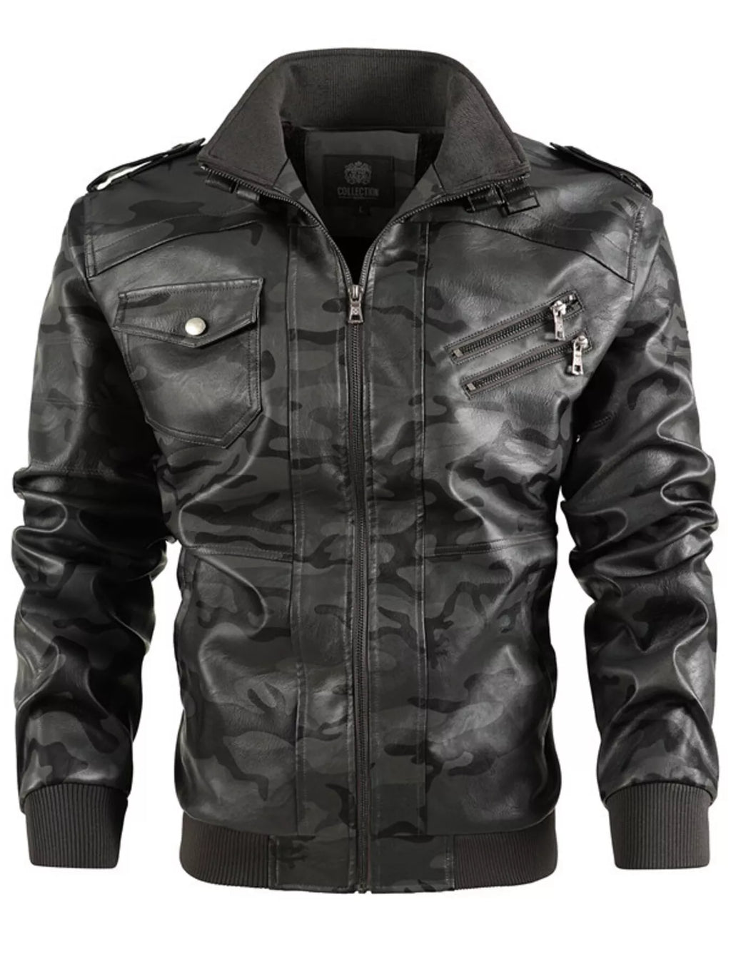 Men's Full Size Zip Up Camouflage Faux Leather Jacket Plus Size