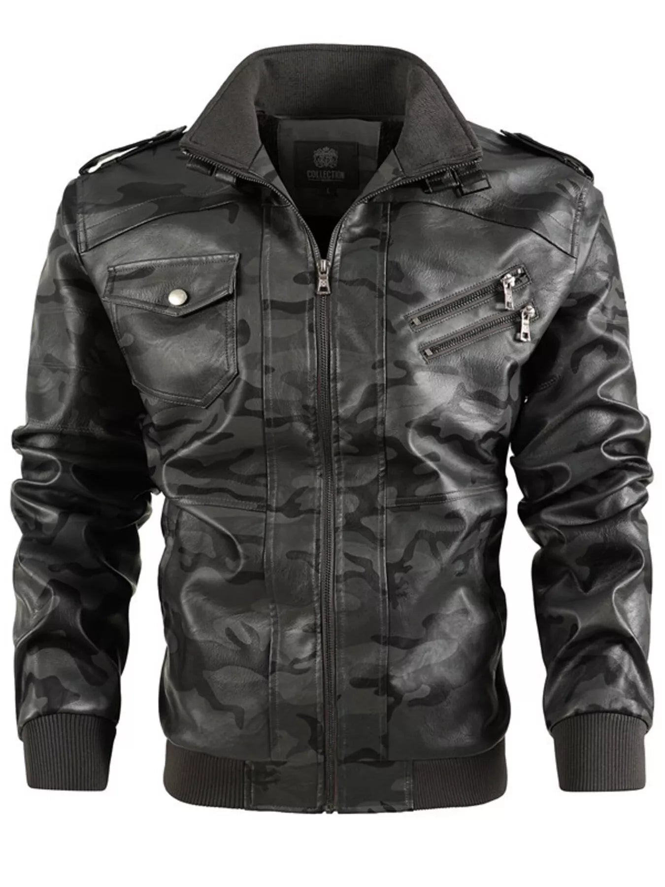 Men's Full Size Zip Up Camouflage Faux Leather Jacket Plus Size