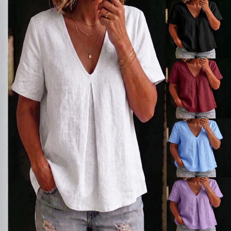 Women's Pleated Cotton-Linen Short-Sleeve Shirt – 5 Colors S–XXL