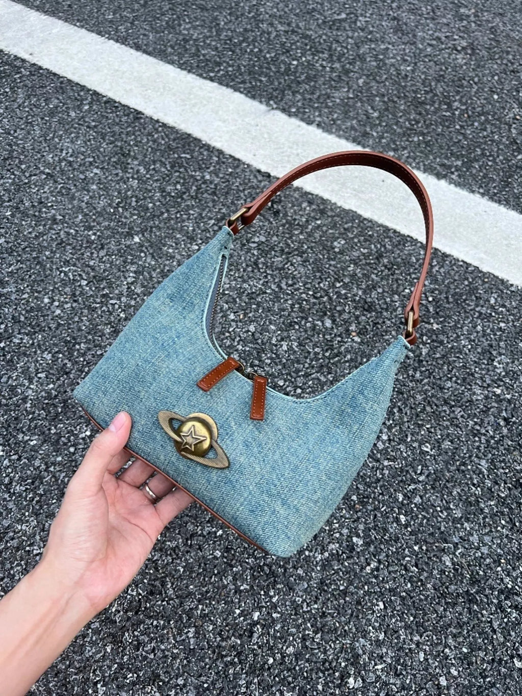 Denim Planet Decor Shoulder Bag