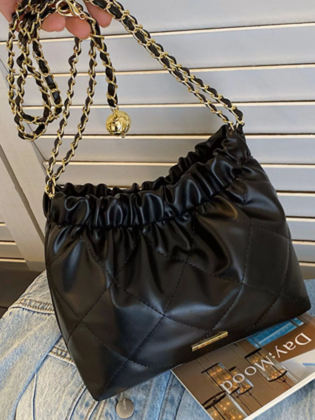 Quilted Ruched Chain Shoulder Bag
