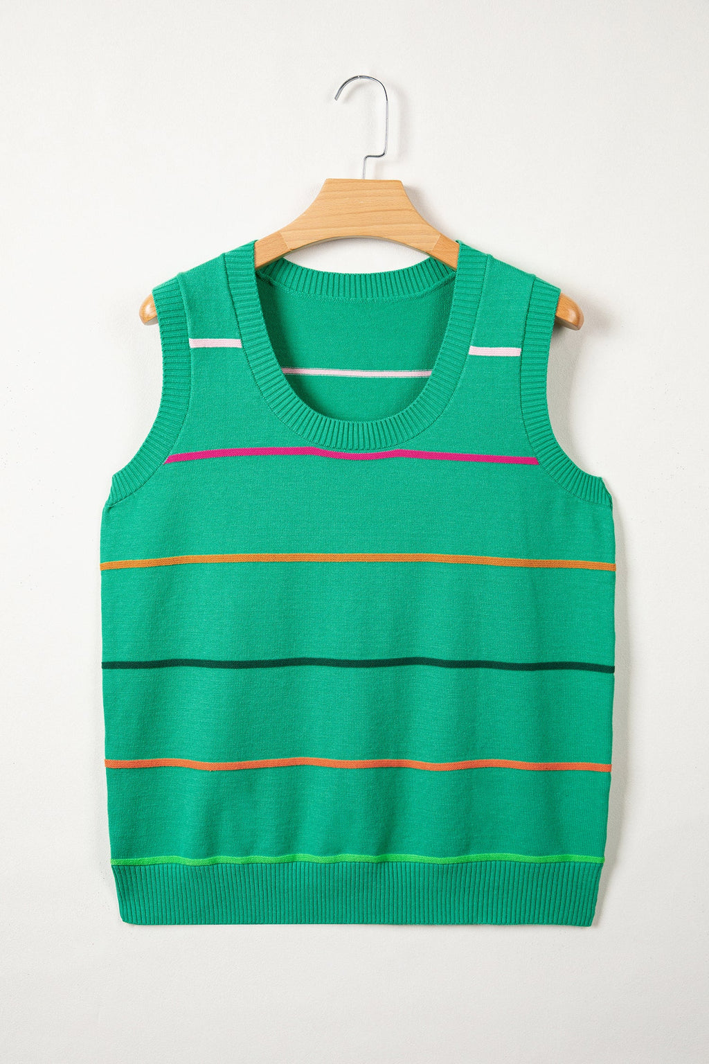 Green Stripe Round Neck Knitted Sweater Tank