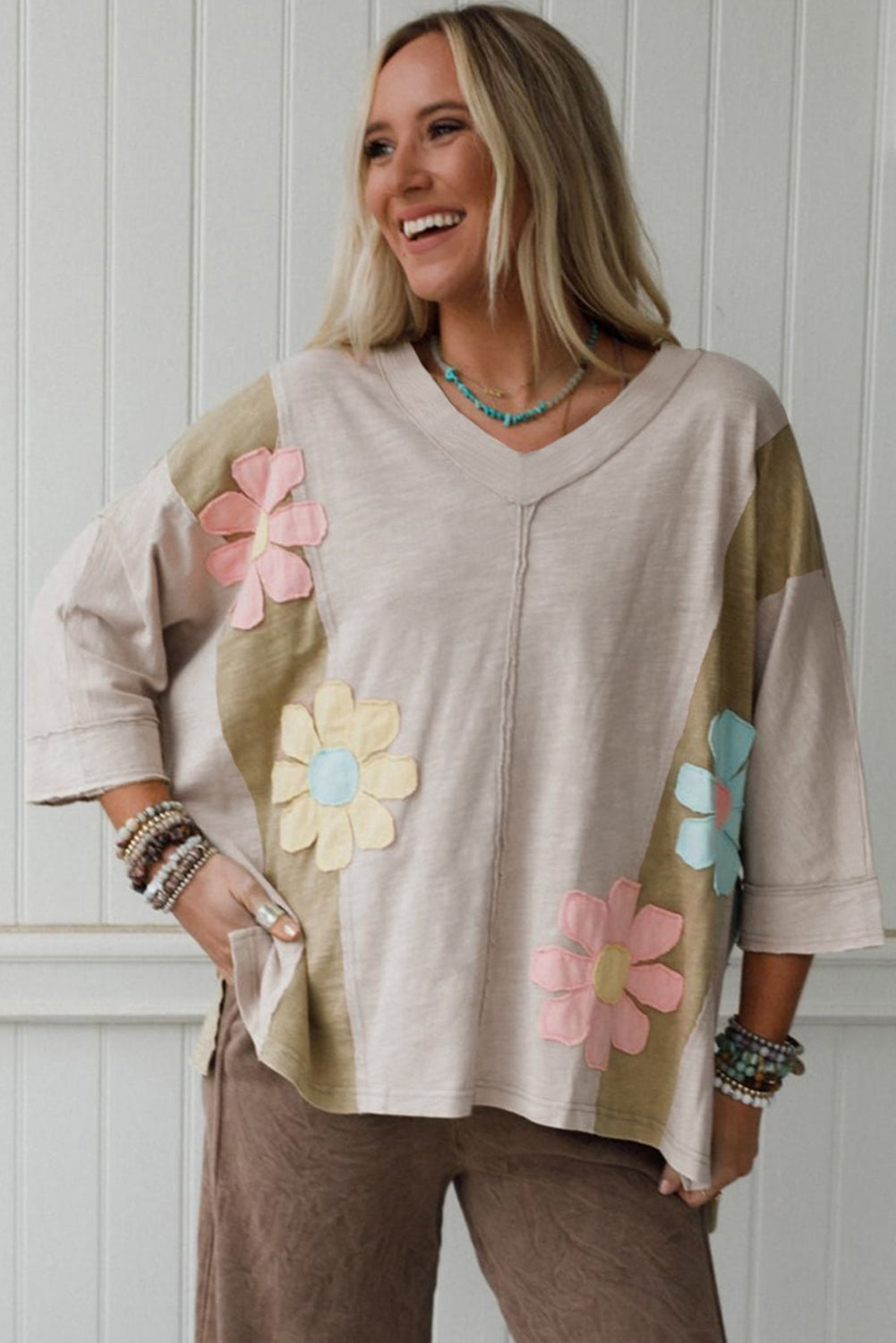 Green Flower Patched Exposed Seam Bracelet Sleeve Oversized T Shirt