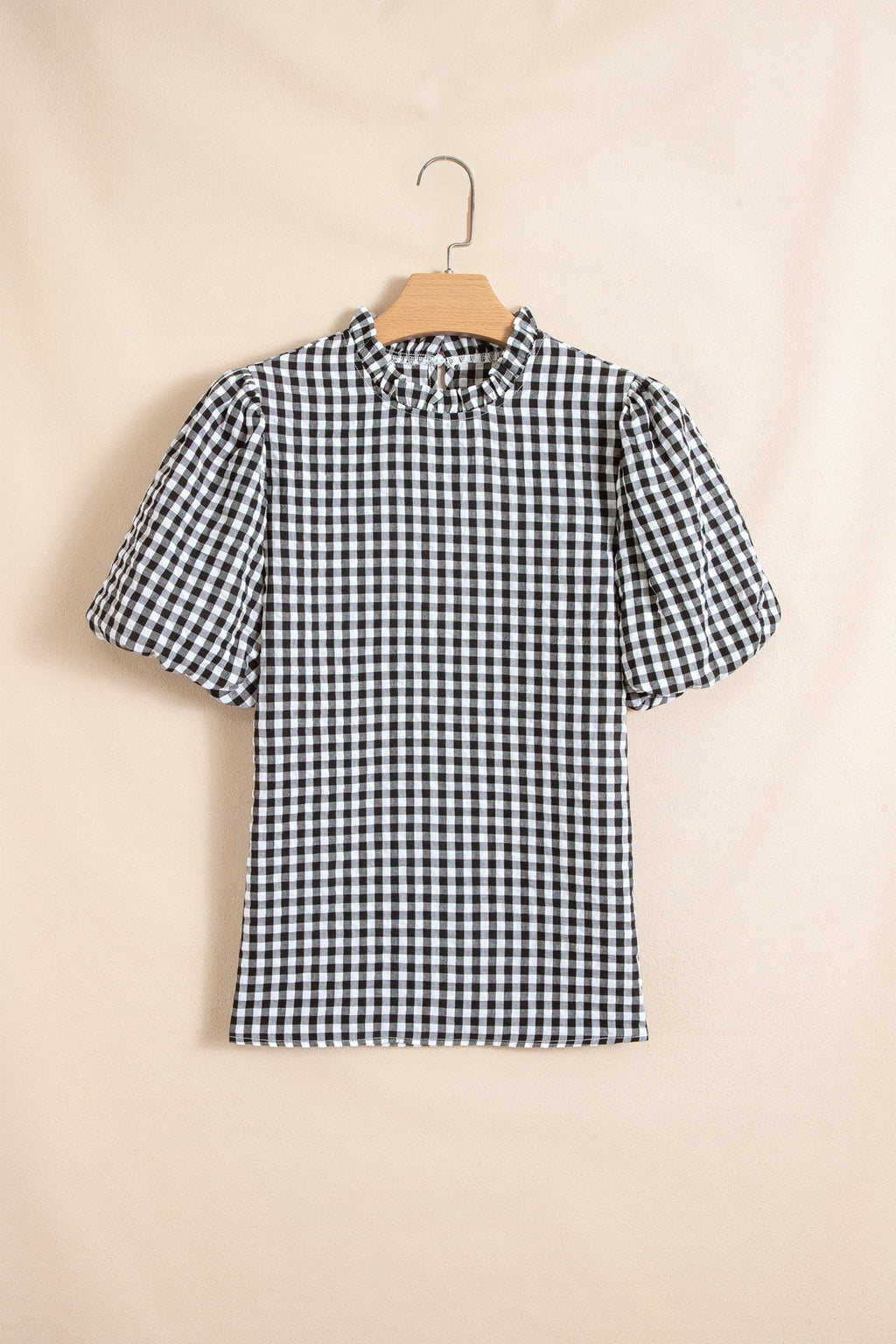 Black Plaid Short Puff Sleeve Frilled Neck Blouse
