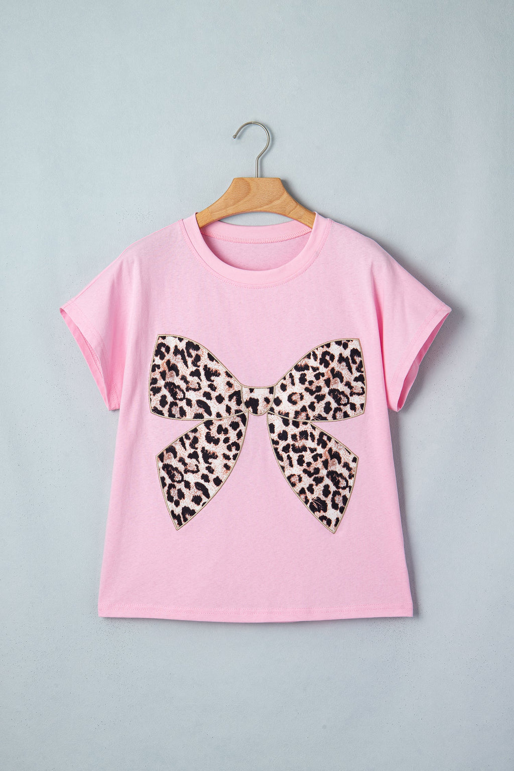 Pink Leopard Bow Embroidered Cotton Round Neck T Shirt