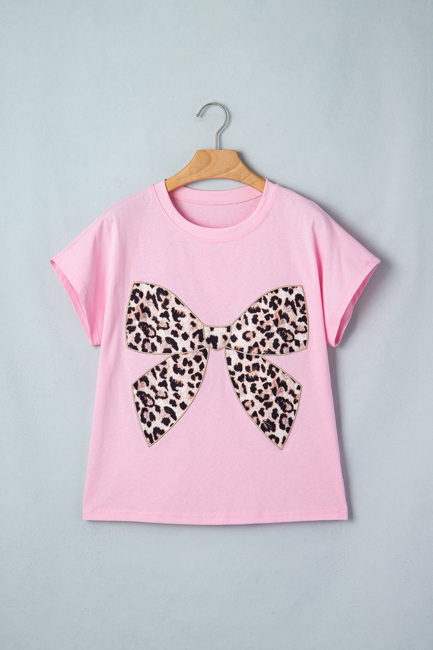 Pink Leopard Bow Embroidered Cotton Round Neck T Shirt