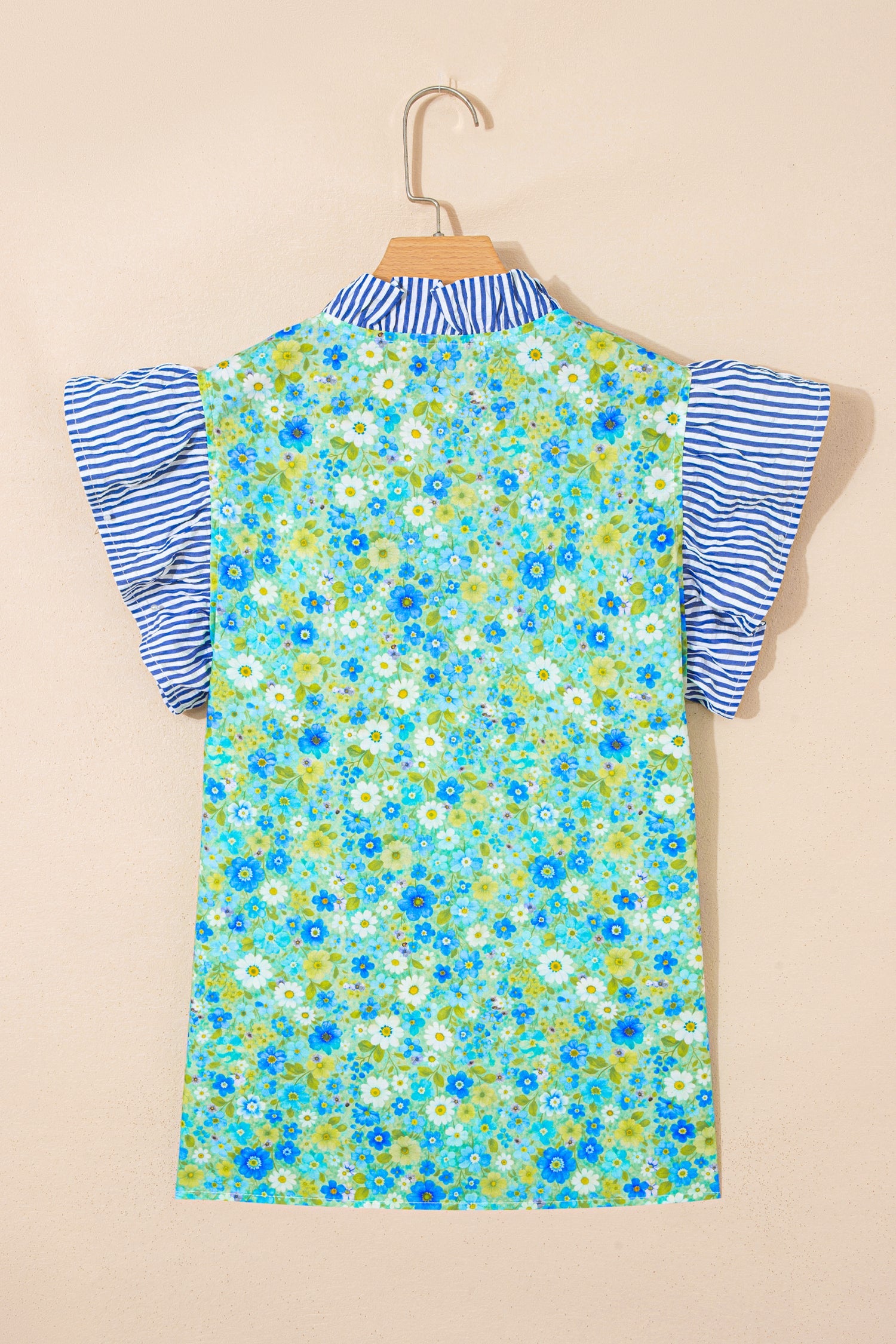 Green Floral Painting Print Striped Patchwork Flutter Sleeve V Neck Blouse