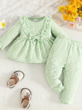 Children's Floral Embossed Ruffle Trim Top and Pants Set