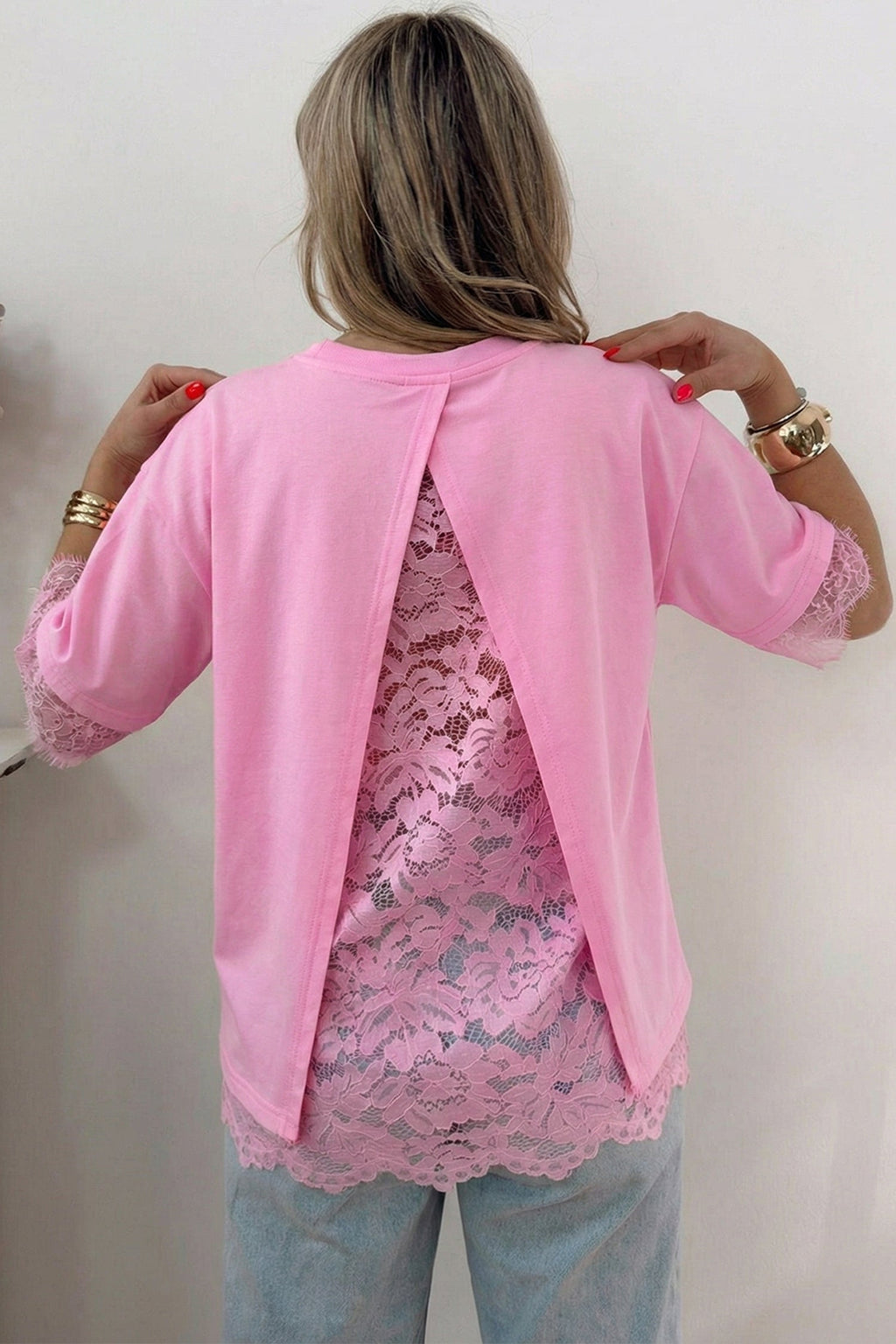 Pink Eyelash Floral Lace Patchwork Half Sleeve Oversize Tee