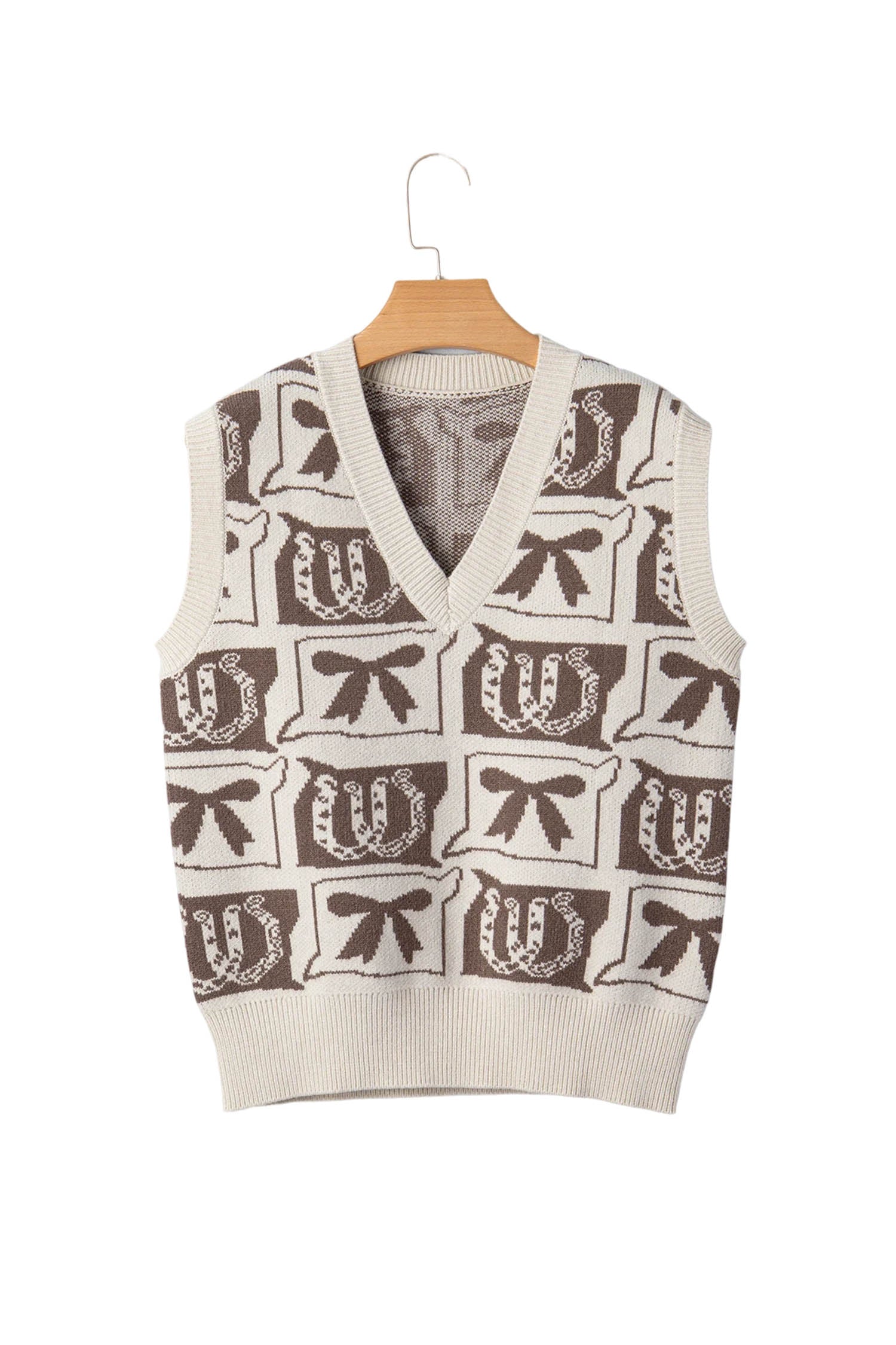 Brown Western Horseshoe Bow Printed V Neck Loose Sweater Vest