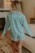 Green Stripe Contrast Ricrac Trim Long Sleeve Shirt Drawstring Ruffled Pajama Short Set
