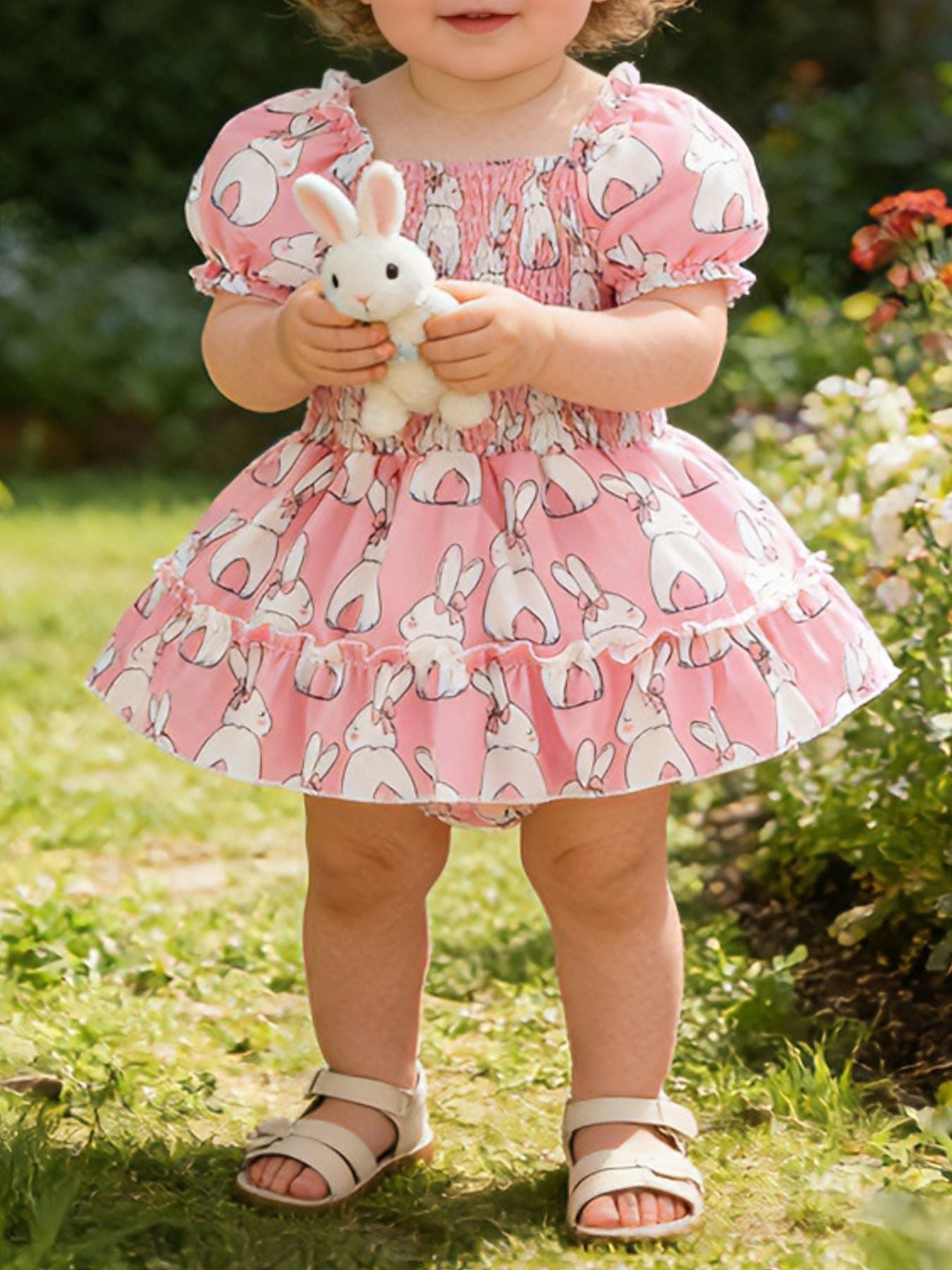 Children's Bunny Print Smocked Dress & Headband Set