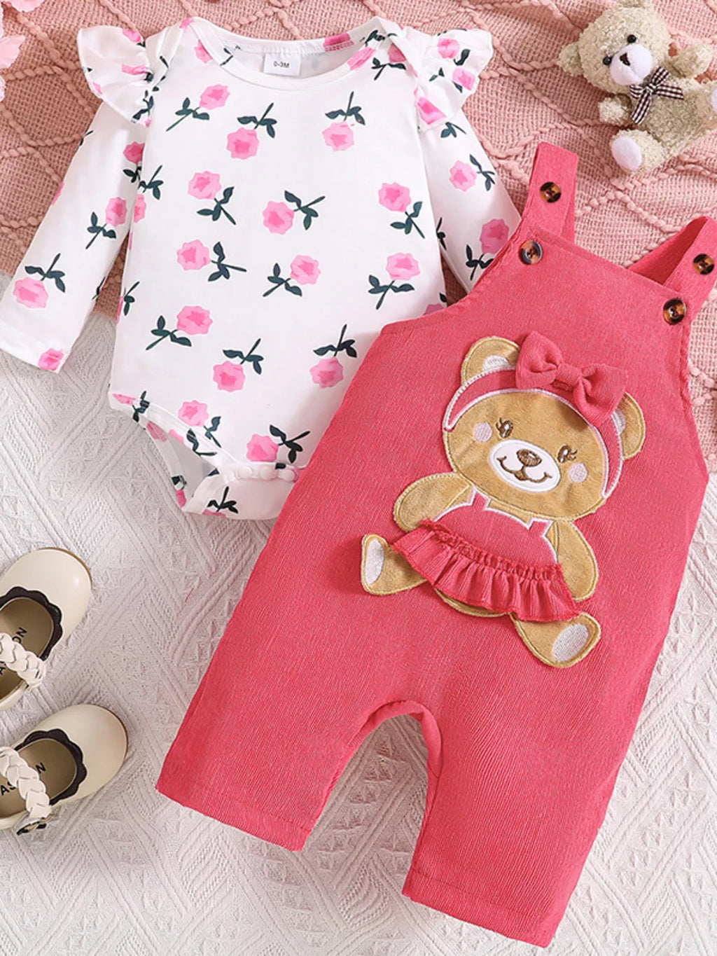 Children's Floral Bodysuit and Bear Overalls Set with Headband