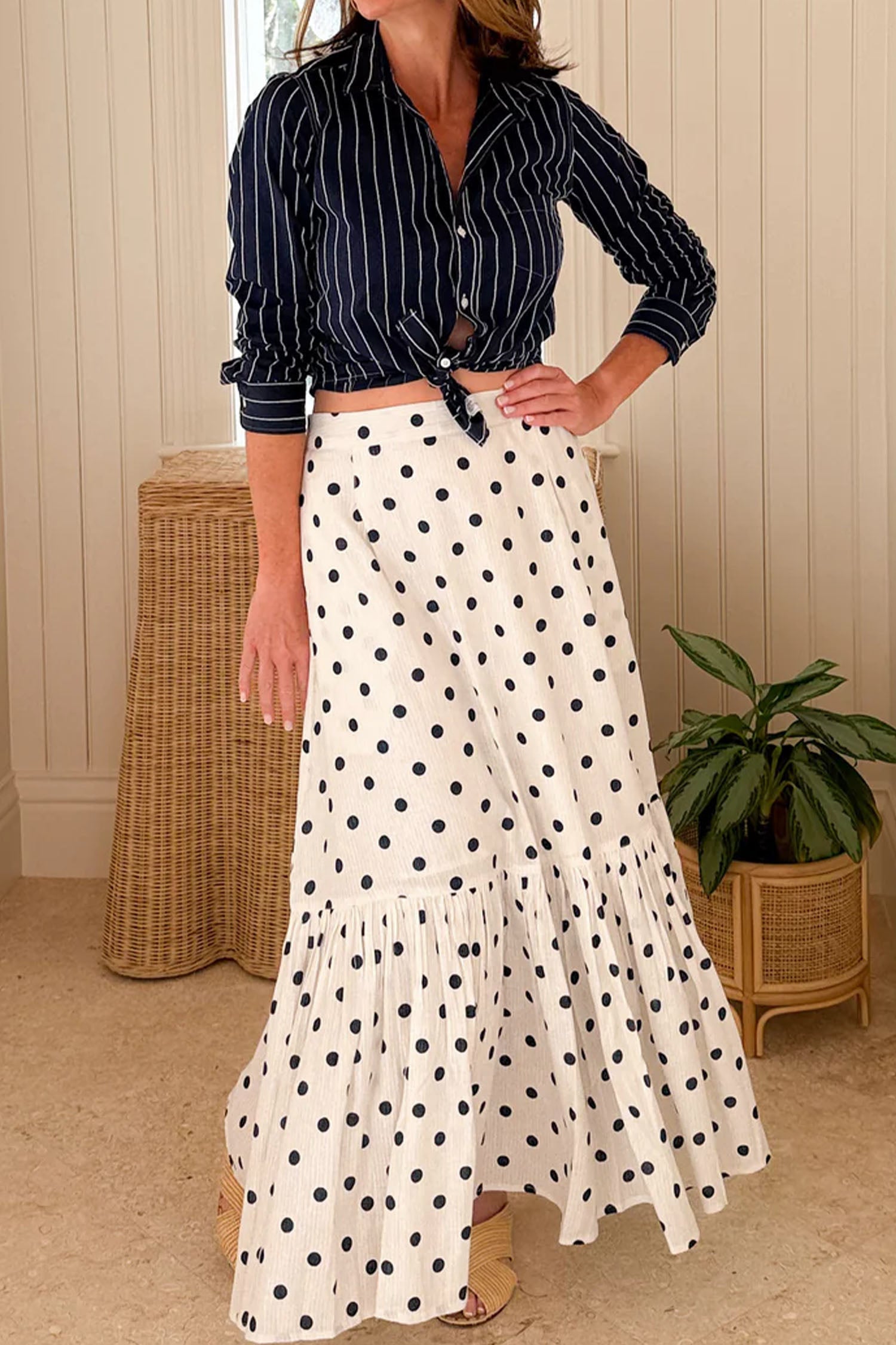 White Polka Dot Ruffled Slit Maxi Skirt