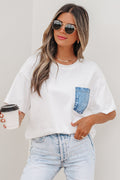 White Color Block Chest Pocket Patched Casual Short Sleeve Top