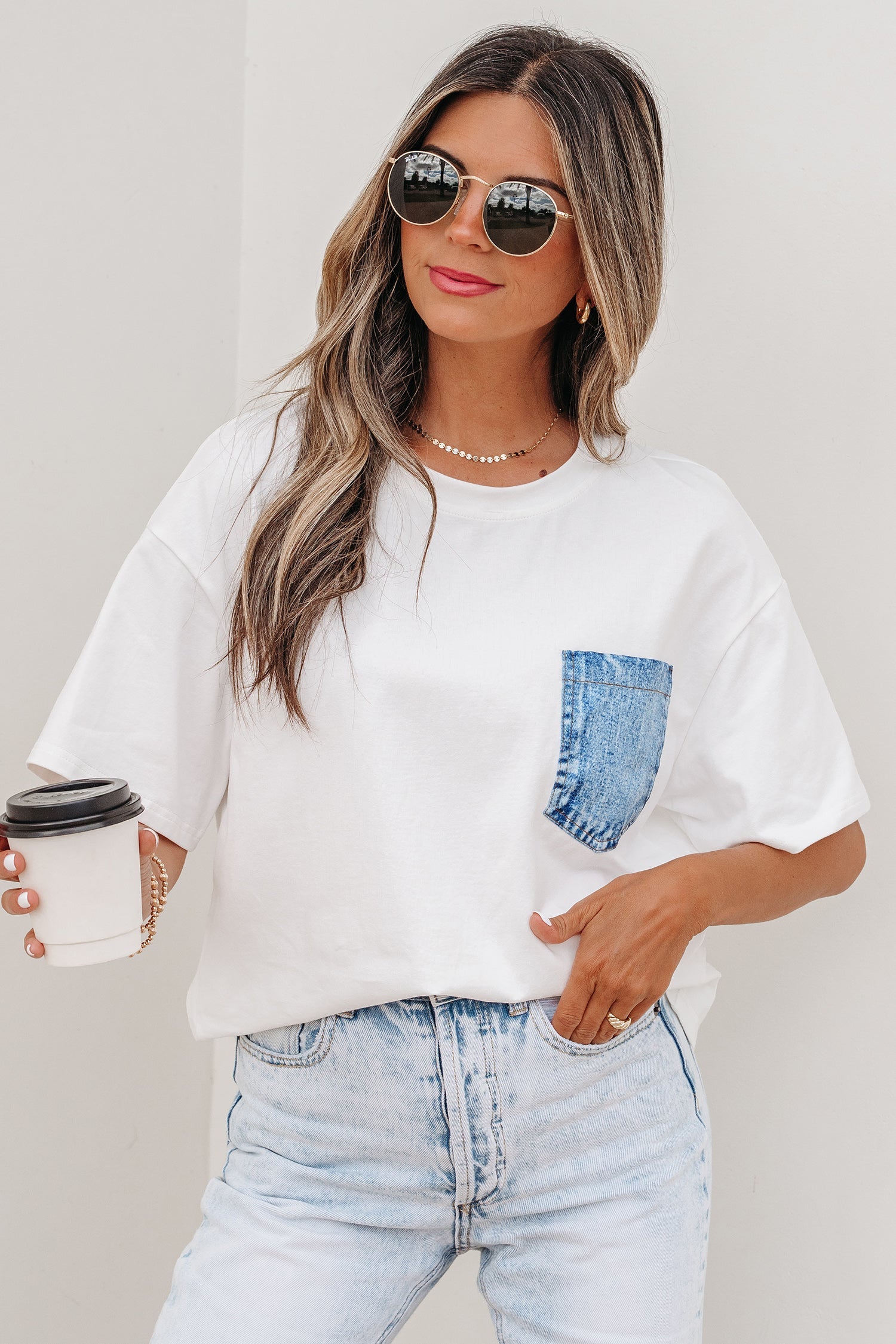 White Color Block Chest Pocket Patched Casual Short Sleeve Top