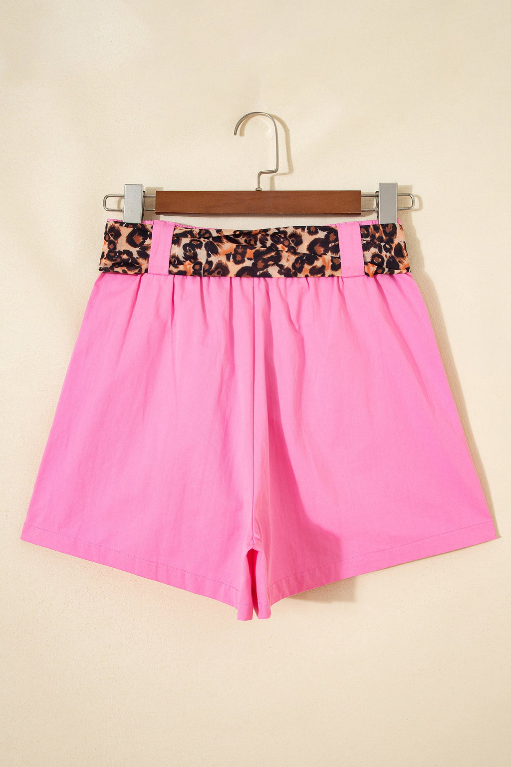 Bright Pink Leopard Contrast Sash Belt Pleated Wide Leg Shorts