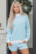 Sky Blue Stripe Oversize Mock Neck Sweatshirt and Shorts Set