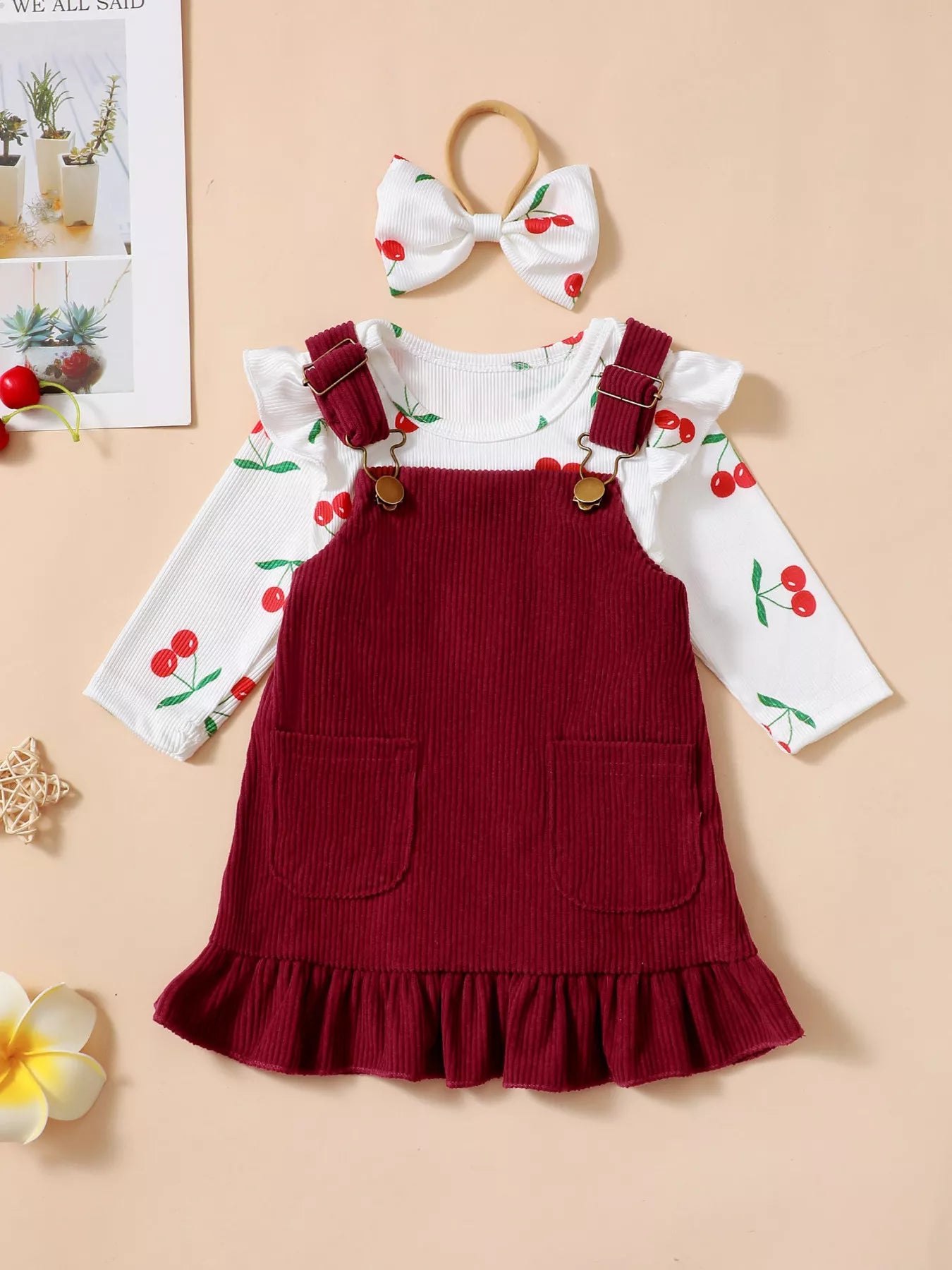 Children's Cherry Print Bodysuit and Corduroy Dress Set