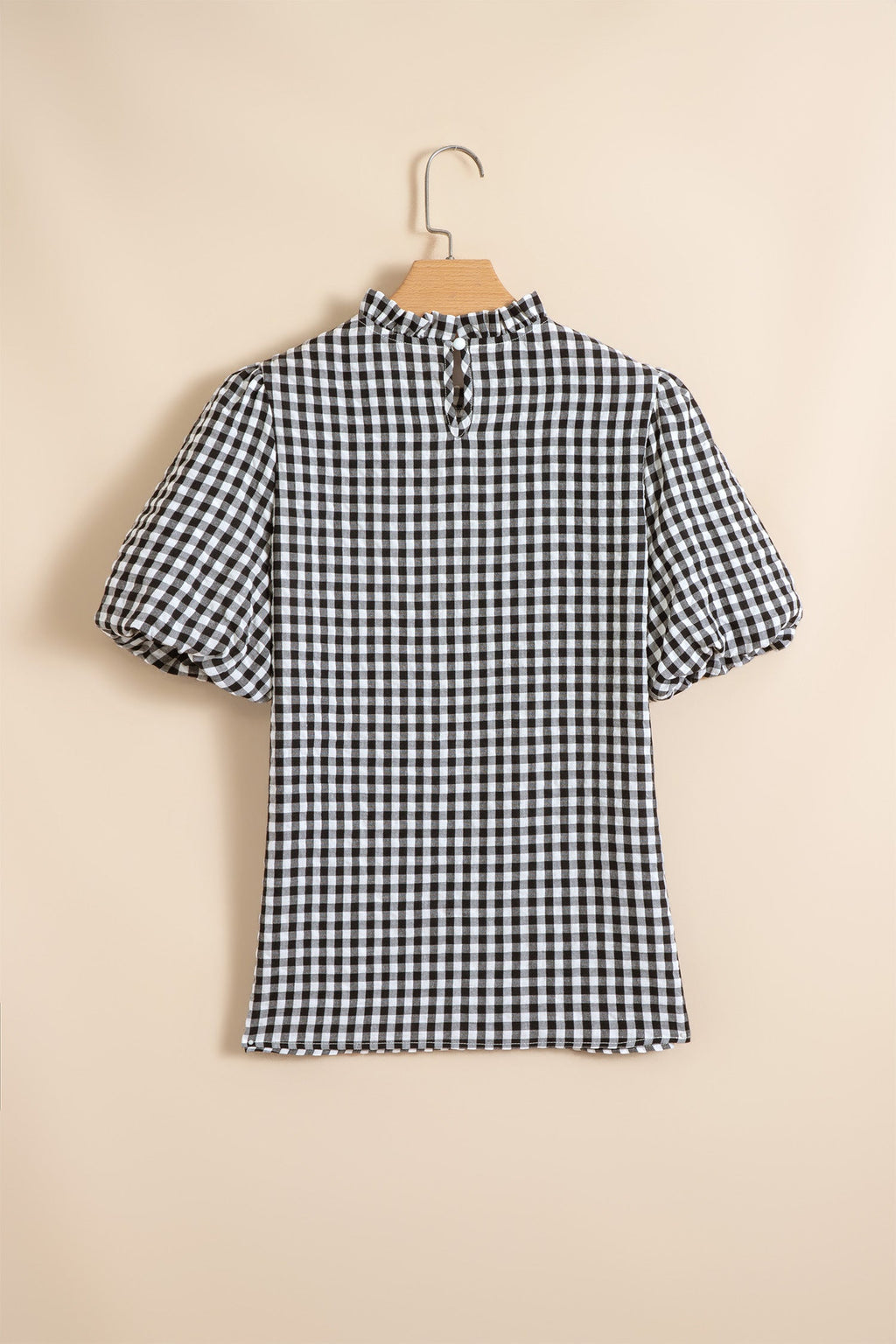 Black Plaid Short Puff Sleeve Frilled Neck Blouse