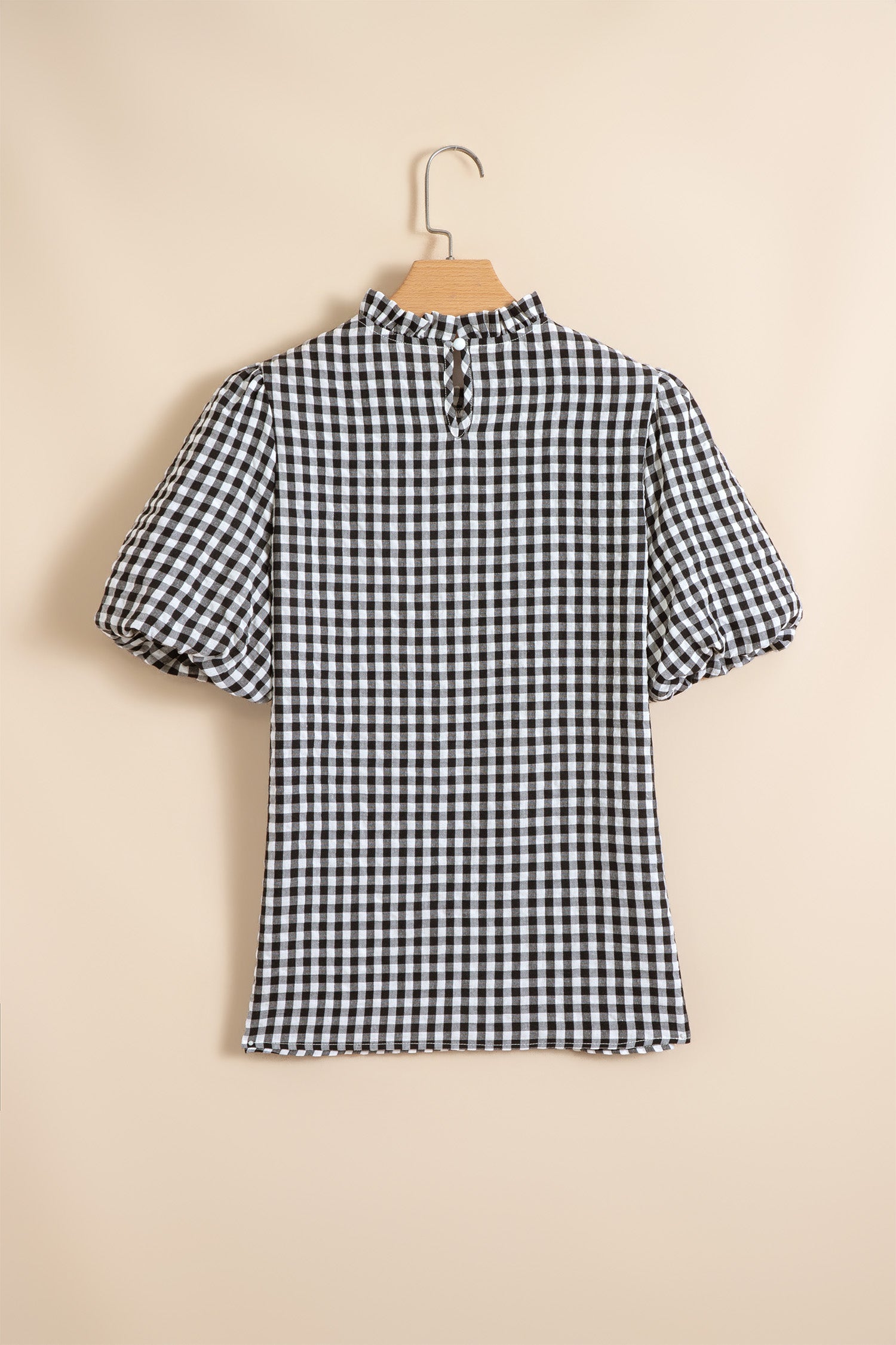 Black Plaid Short Puff Sleeve Frilled Neck Blouse