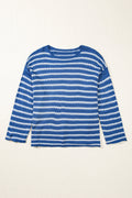 Sky Blue Stripe Drop Shoulder O Neck Plus Size Sweater