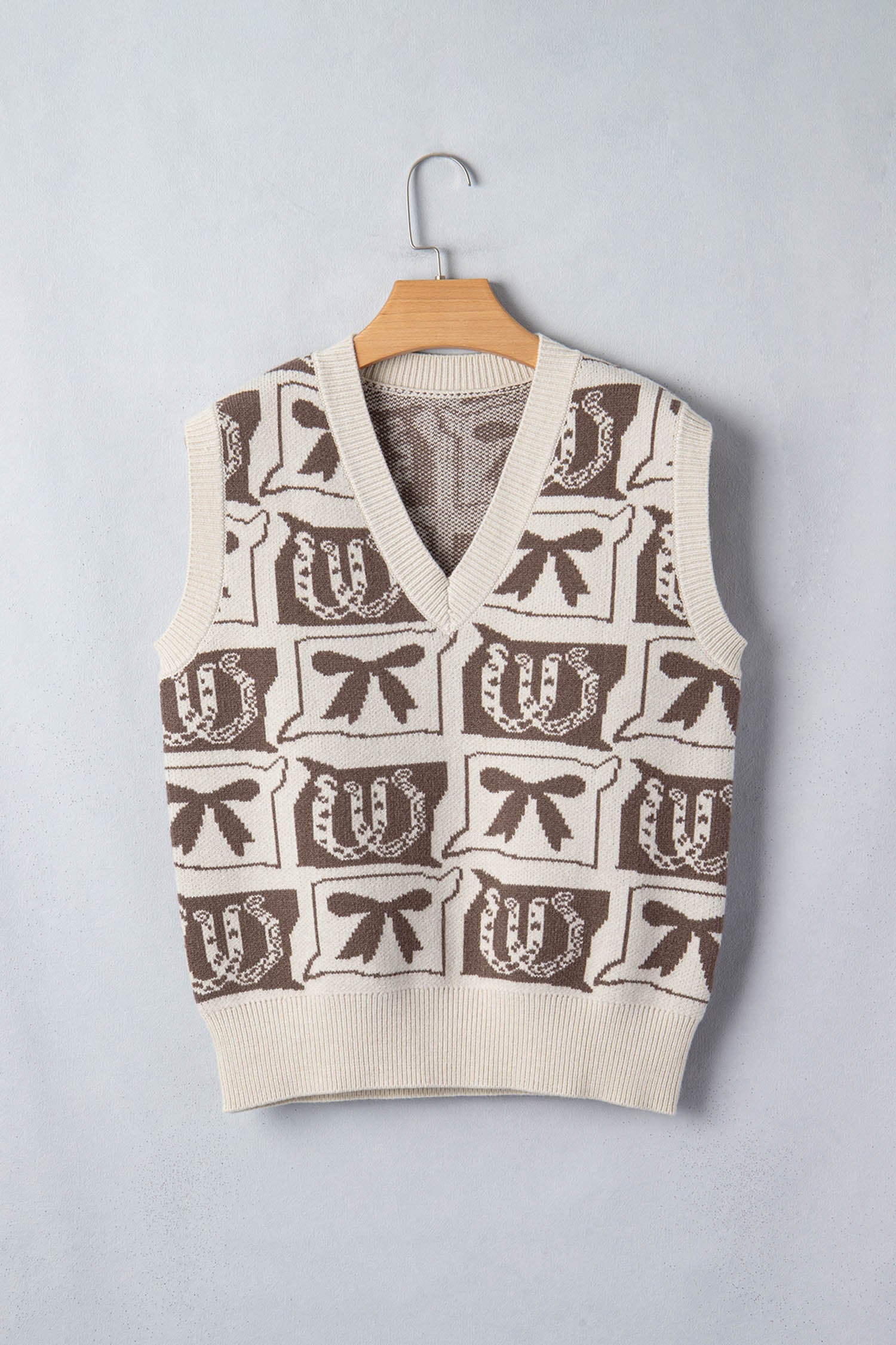 Brown Western Horseshoe Bow Printed V Neck Loose Sweater Vest