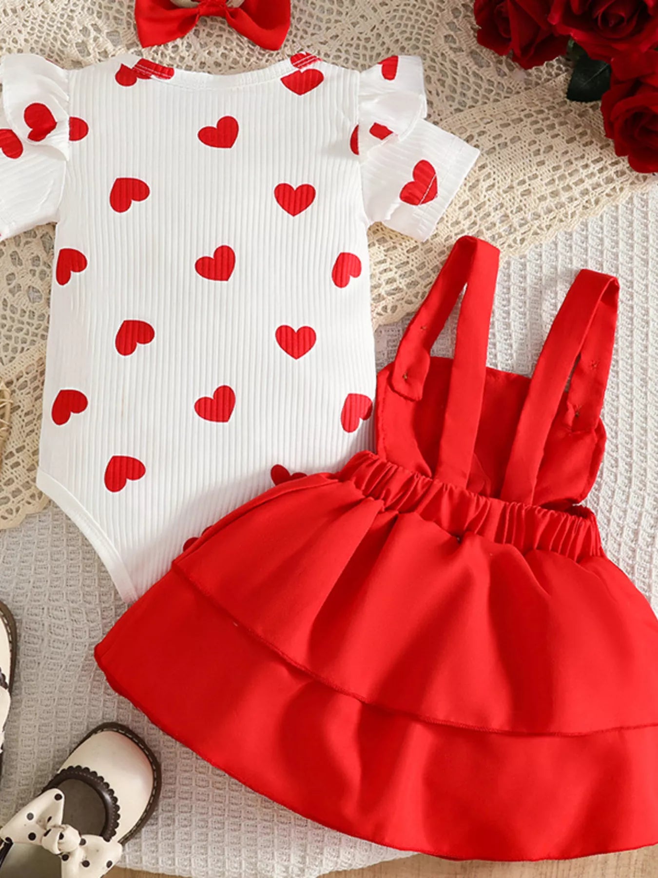 Children's Heart Print Ruffle Trim Bodysuit and Dress Set with Headband