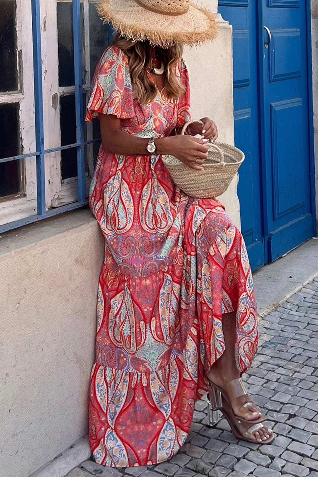 Multicolour Paisley Print V-Neck Short Sleeve Boho Maxi Dress with Ruffle Details