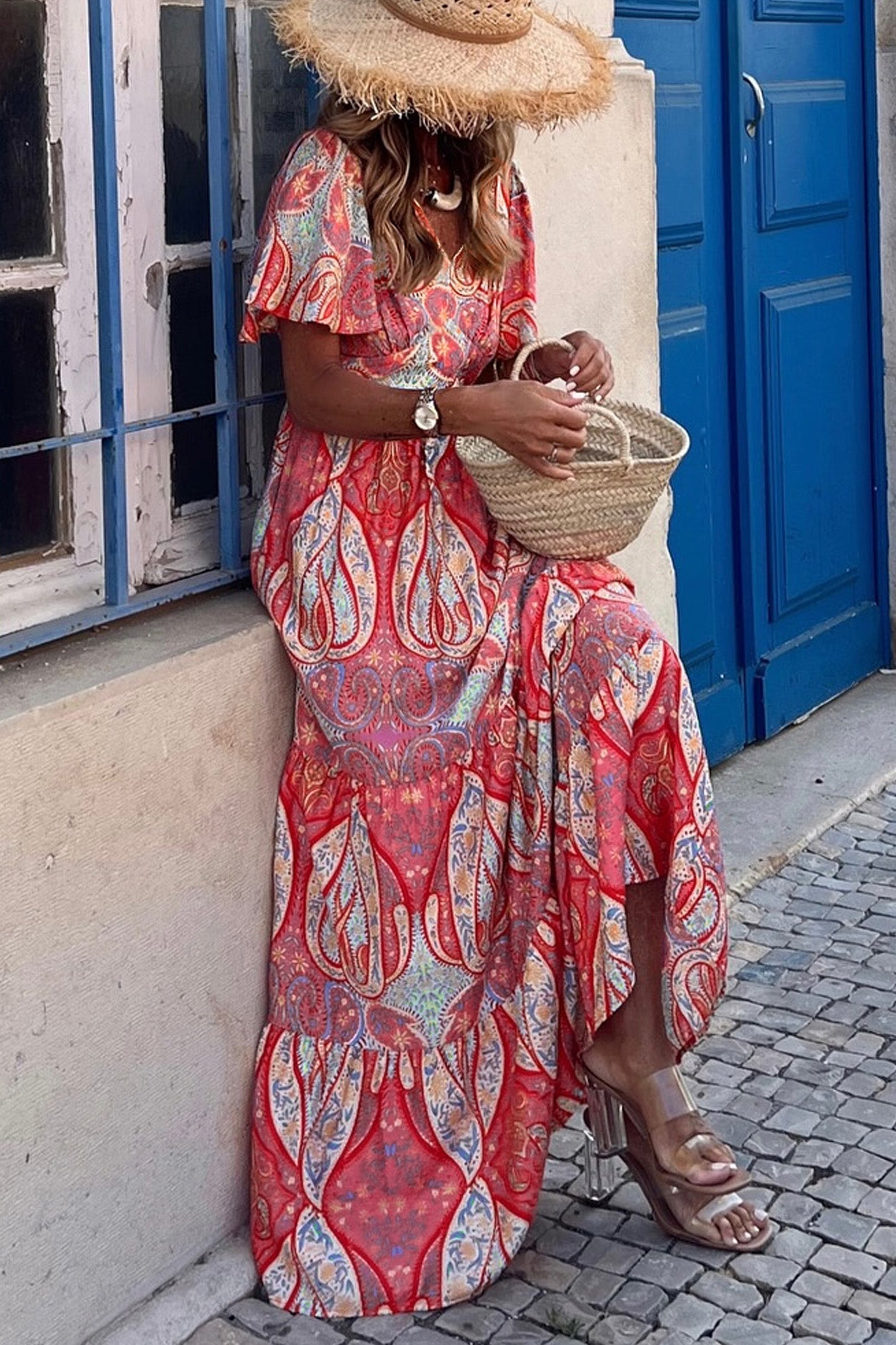 Multicolour Paisley Print V-Neck Short Sleeve Boho Maxi Dress with Ruffle Details
