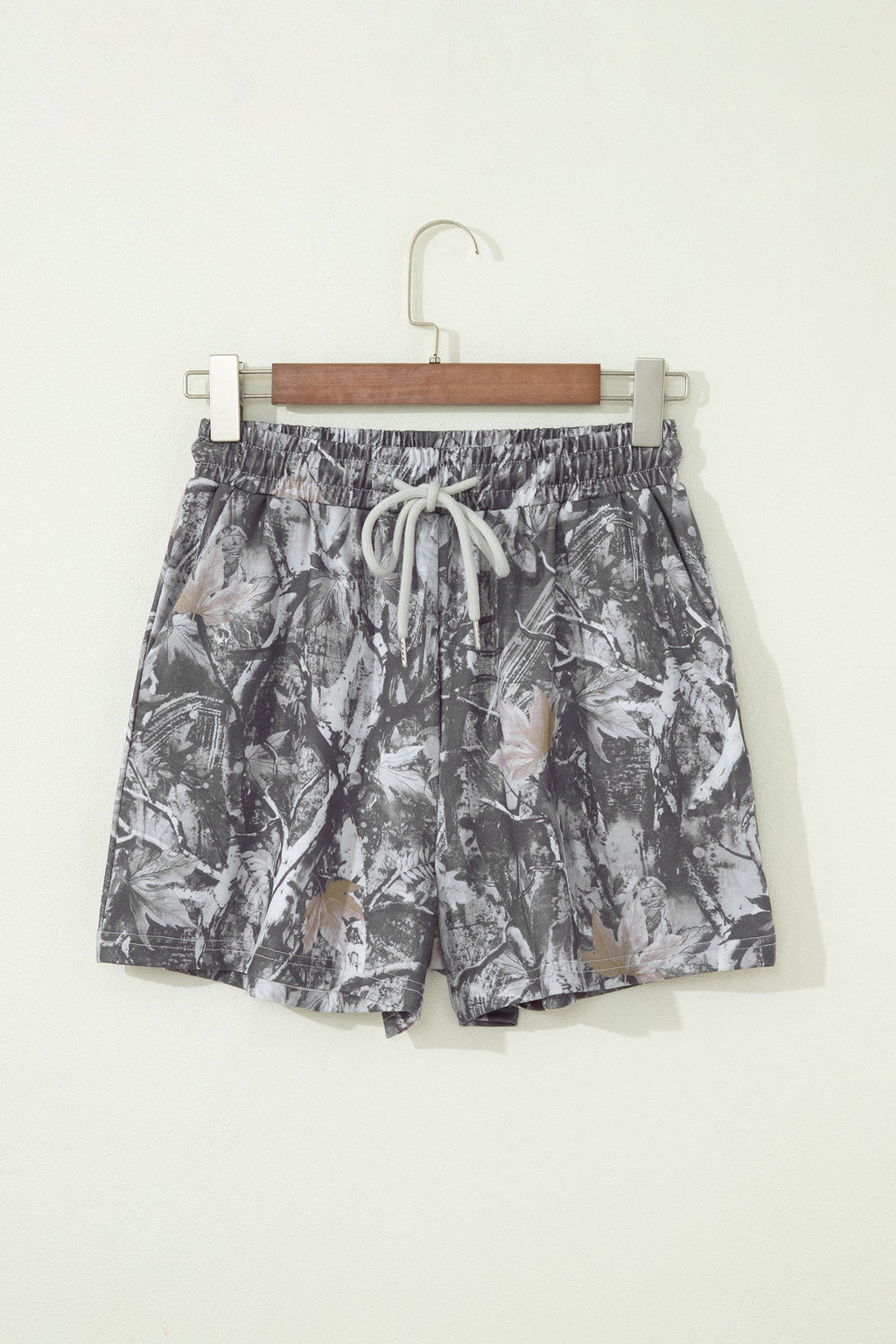 Gray Abstract Maple Leaf Printed Tie Elastic Waist Shorts