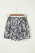 Gray Abstract Maple Leaf Printed Tie Elastic Waist Shorts