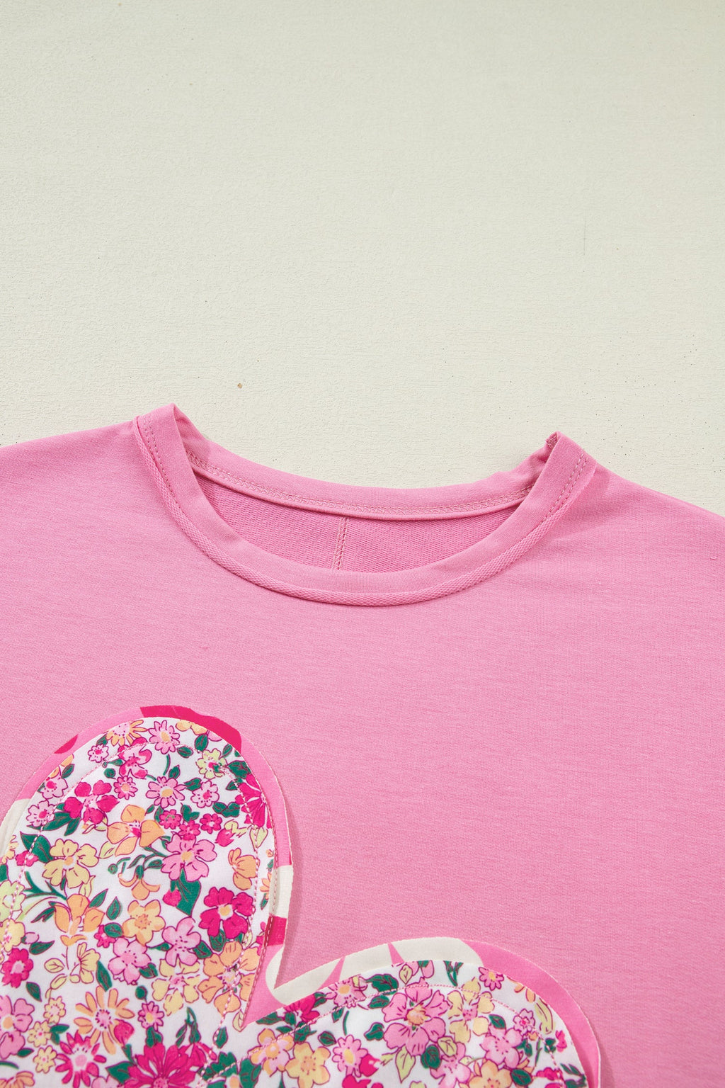 Bright Pink Floral Patched Raw Seam Big Flower Oversize Tee