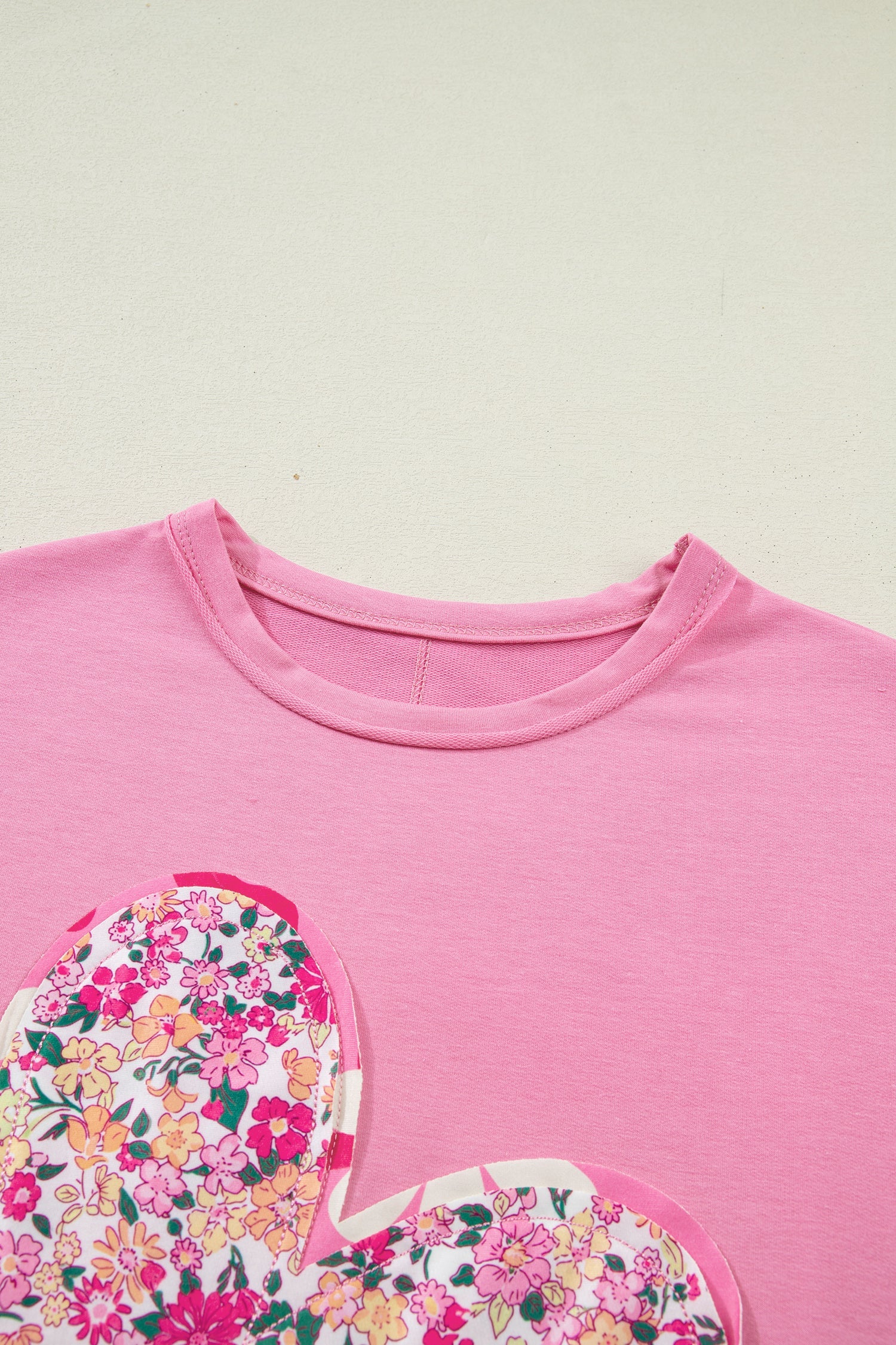 Bright Pink Floral Patched Raw Seam Big Flower Oversize Tee