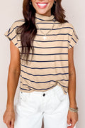 Khaki Stripe Mock Neck Short Sleeve Loose Top