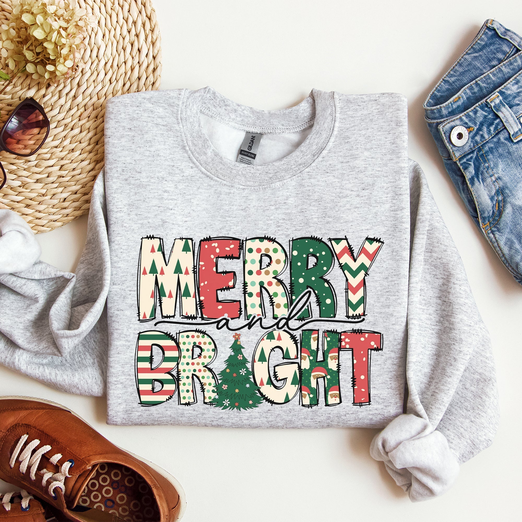 Merry And Bright Christmas Cheer Festive Holiday Lights Snowflake Motif Cozy Cotton Fleece Sweatshirt
