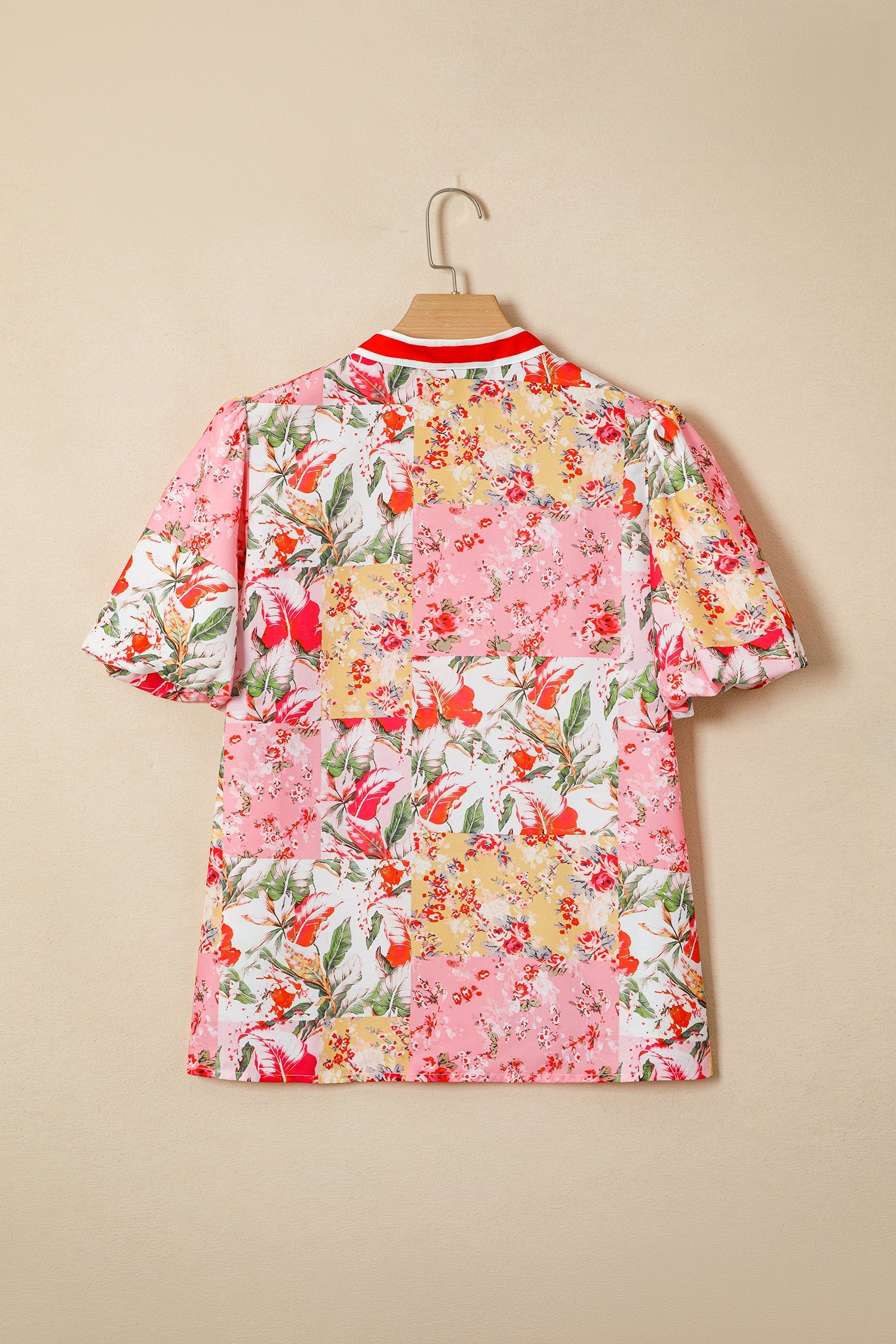Pink Contrast Collared V Neck Short Sleeve Floral Blouse