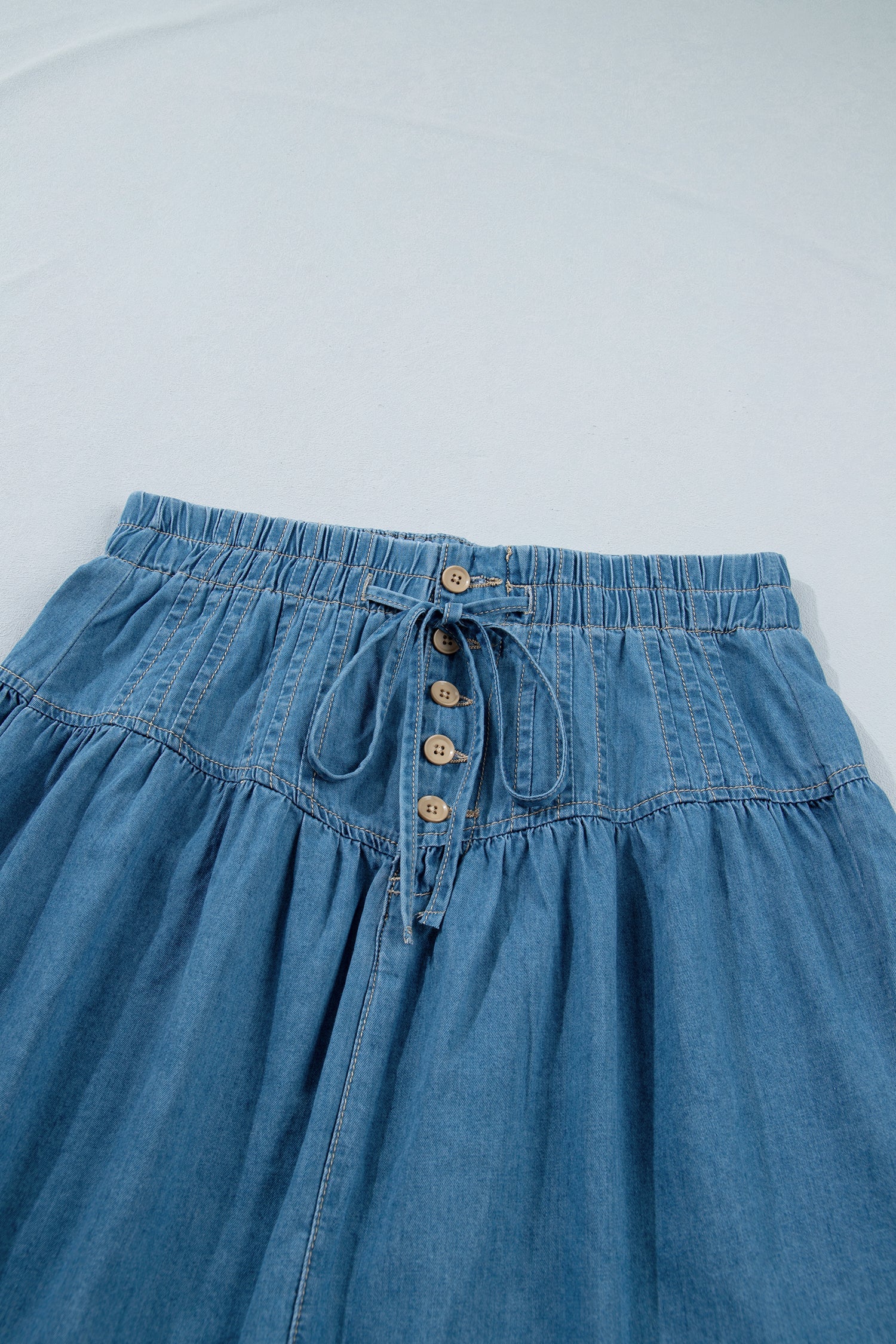 Sky Blue Half Buttons Pleated High Waist Denim Mini Skirt with Drawstring