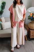 White Two-tone Color Block Patchwork Tee Drawstring Loose Pant Set