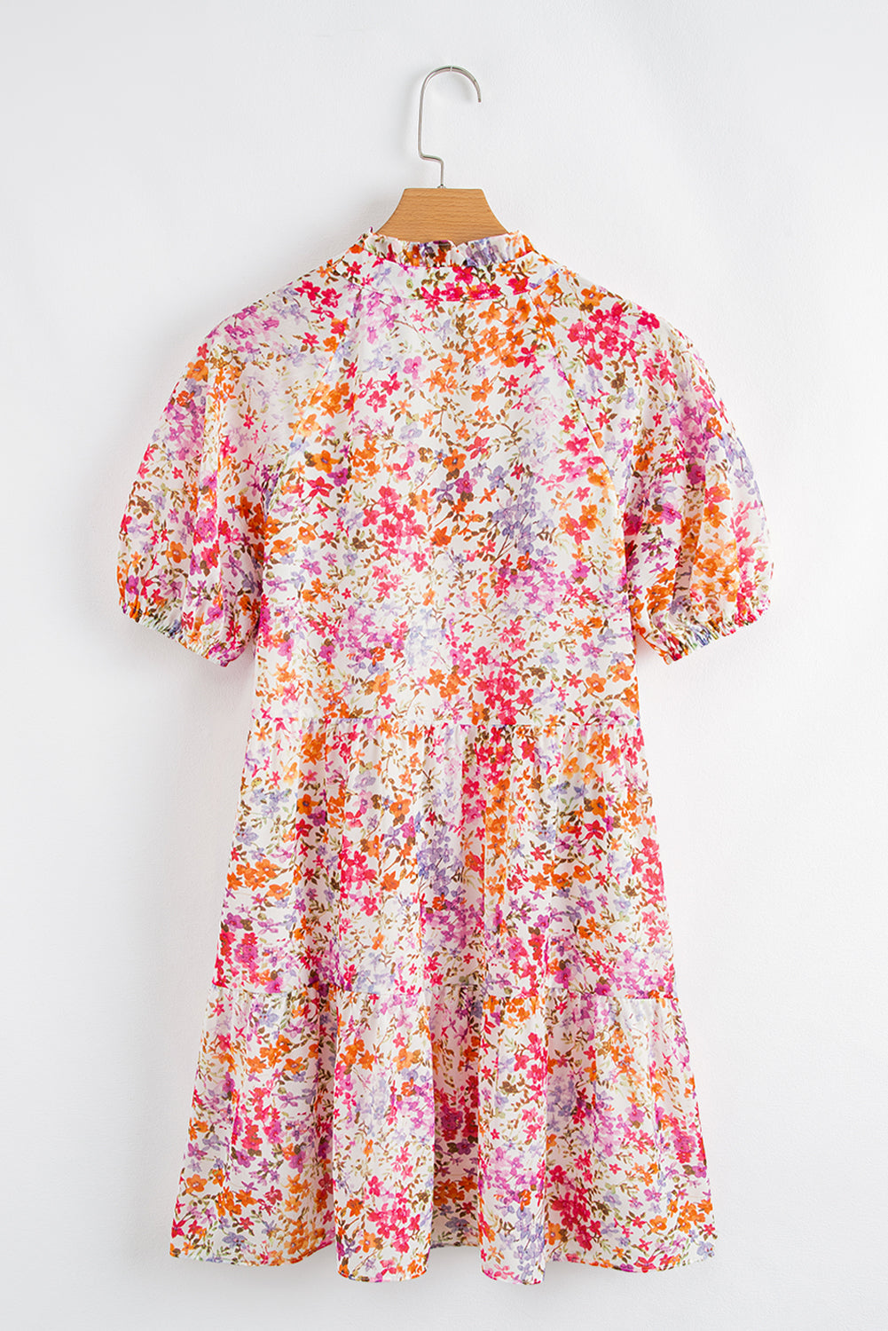 Red Floral Puff Sleeve Notched V Neck Tiered Mini Dress