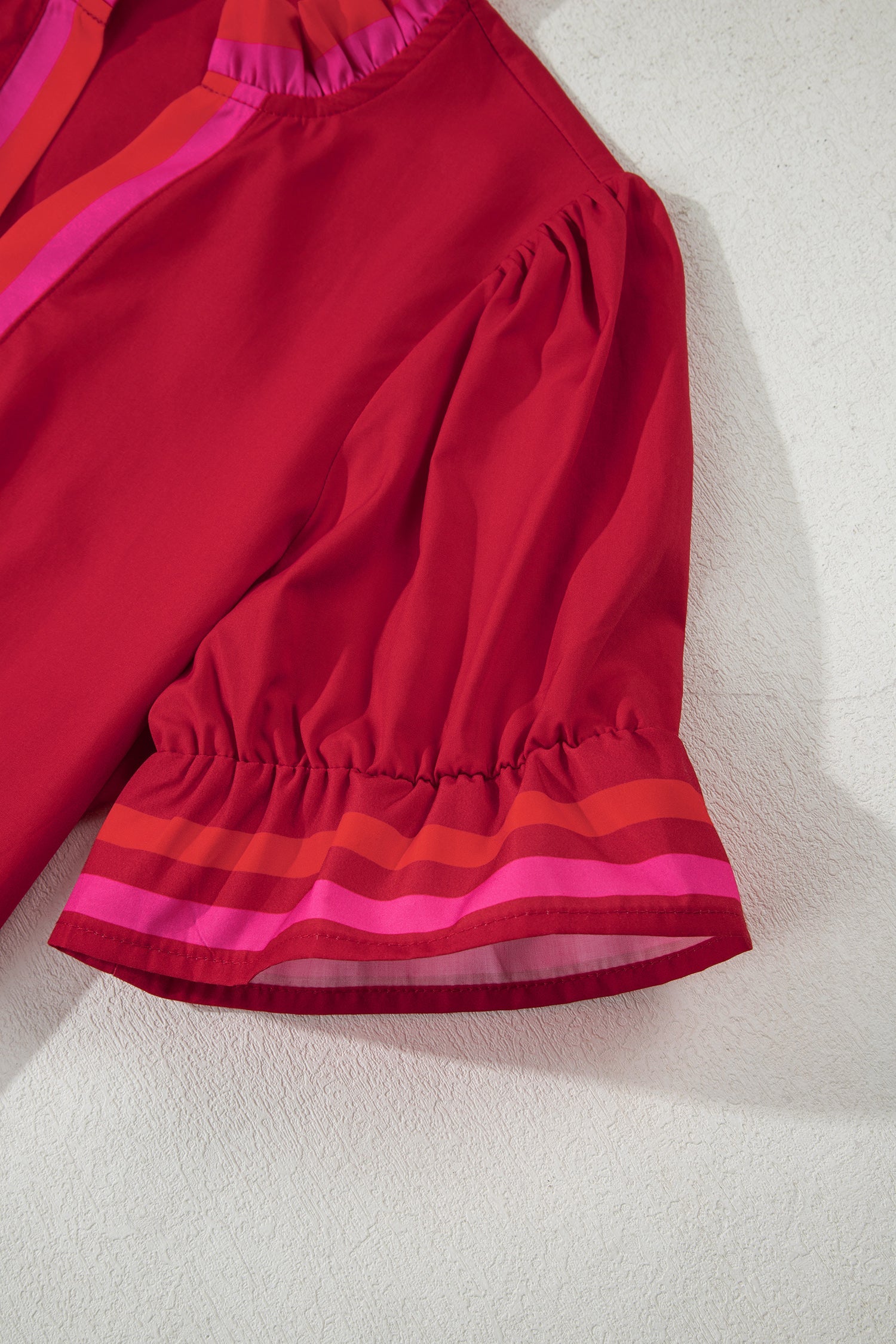 Fiery Red Striped Frilled Collar Ruffled Short Sleeve Blouse