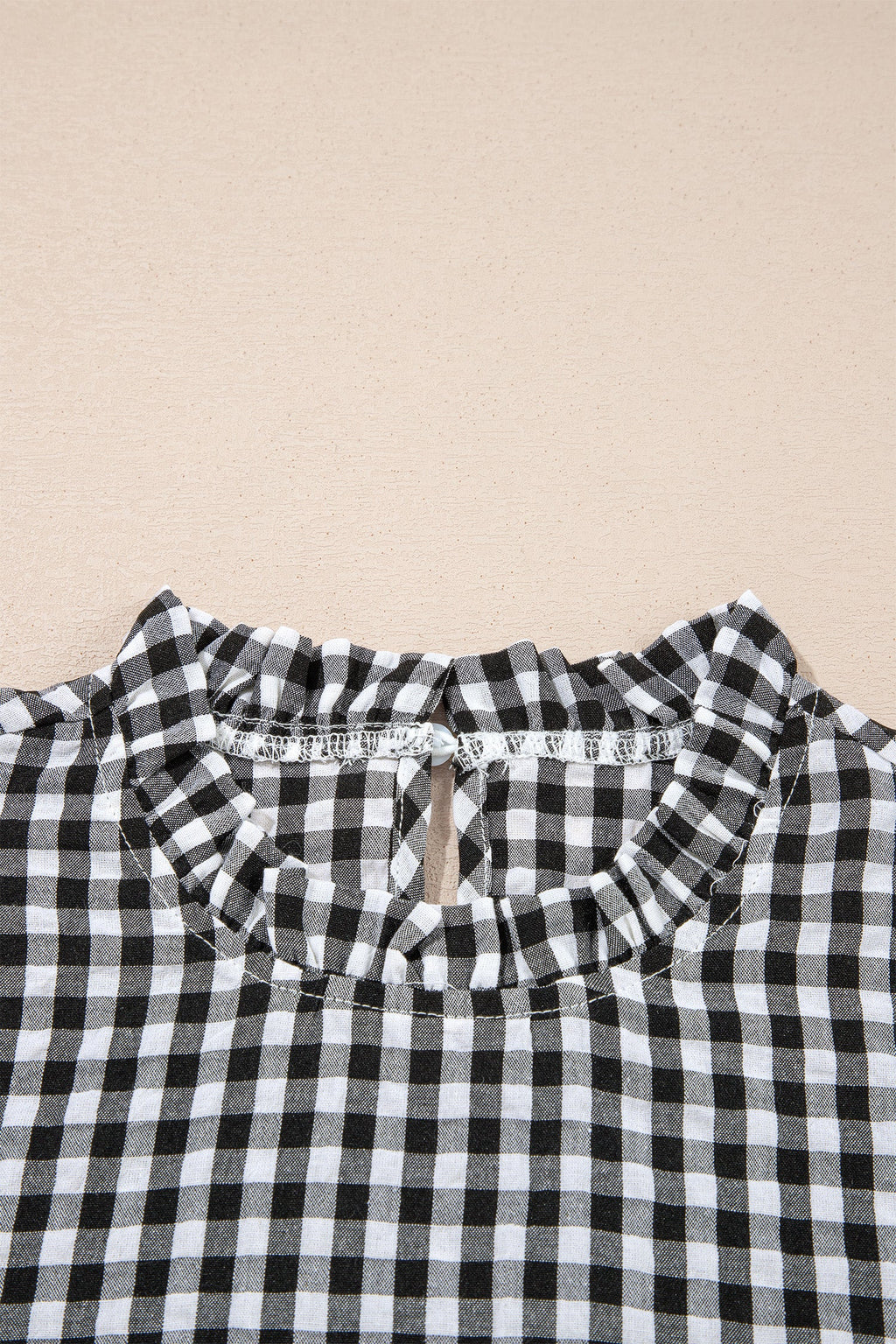 Black Plaid Short Puff Sleeve Frilled Neck Blouse