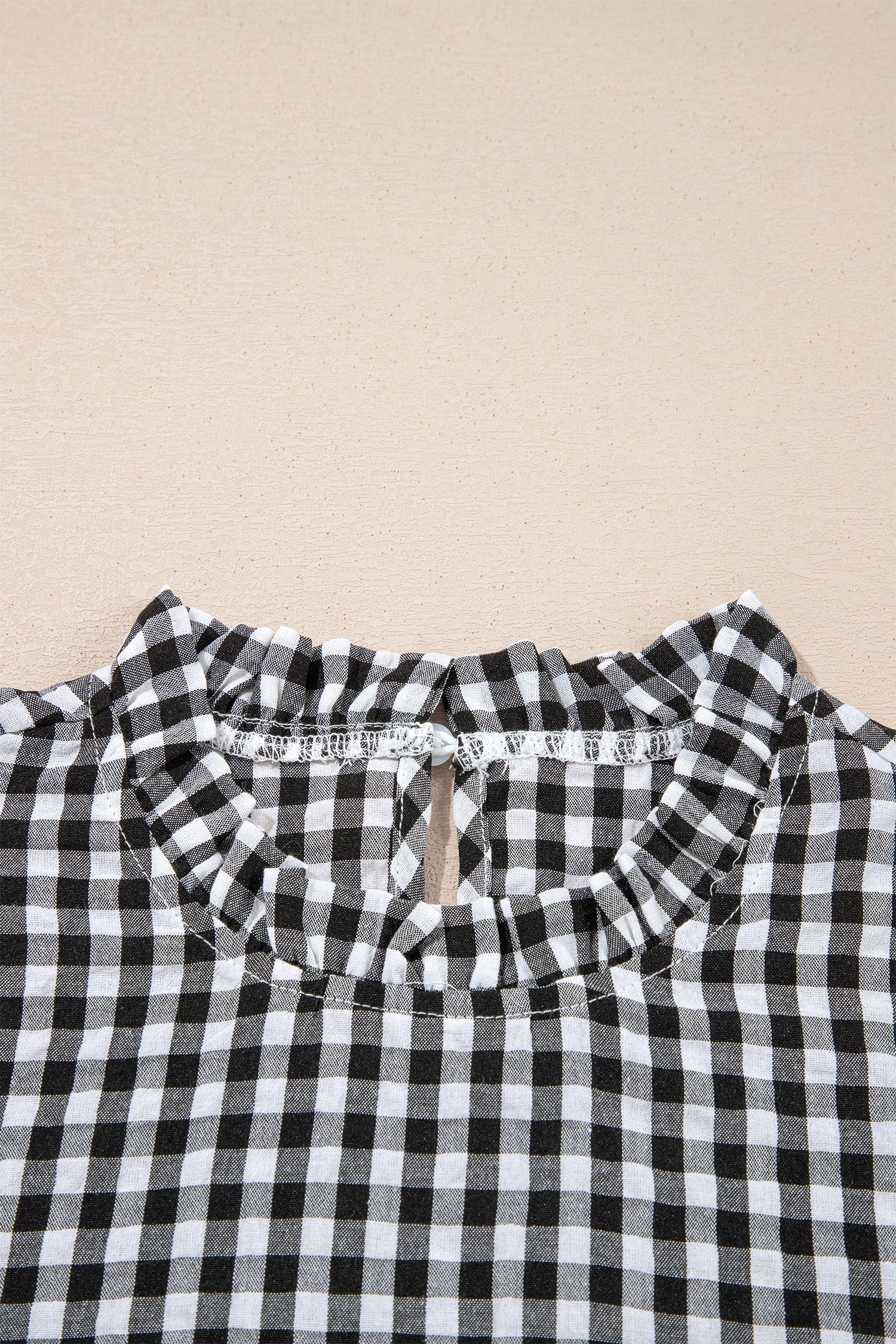 Black Plaid Short Puff Sleeve Frilled Neck Blouse