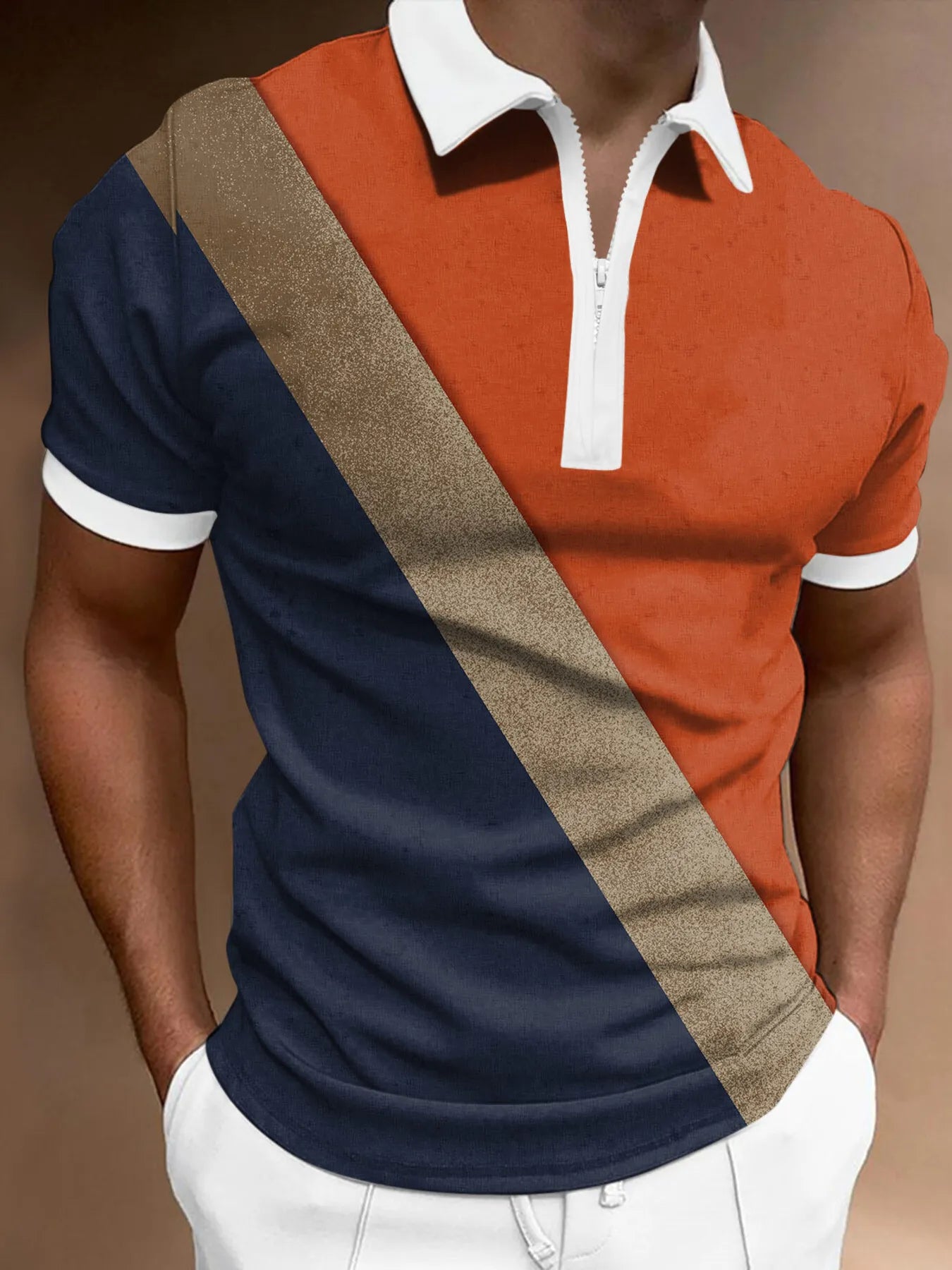 Men's Full Size Color Block Zipper Polo Shirt Plus Size