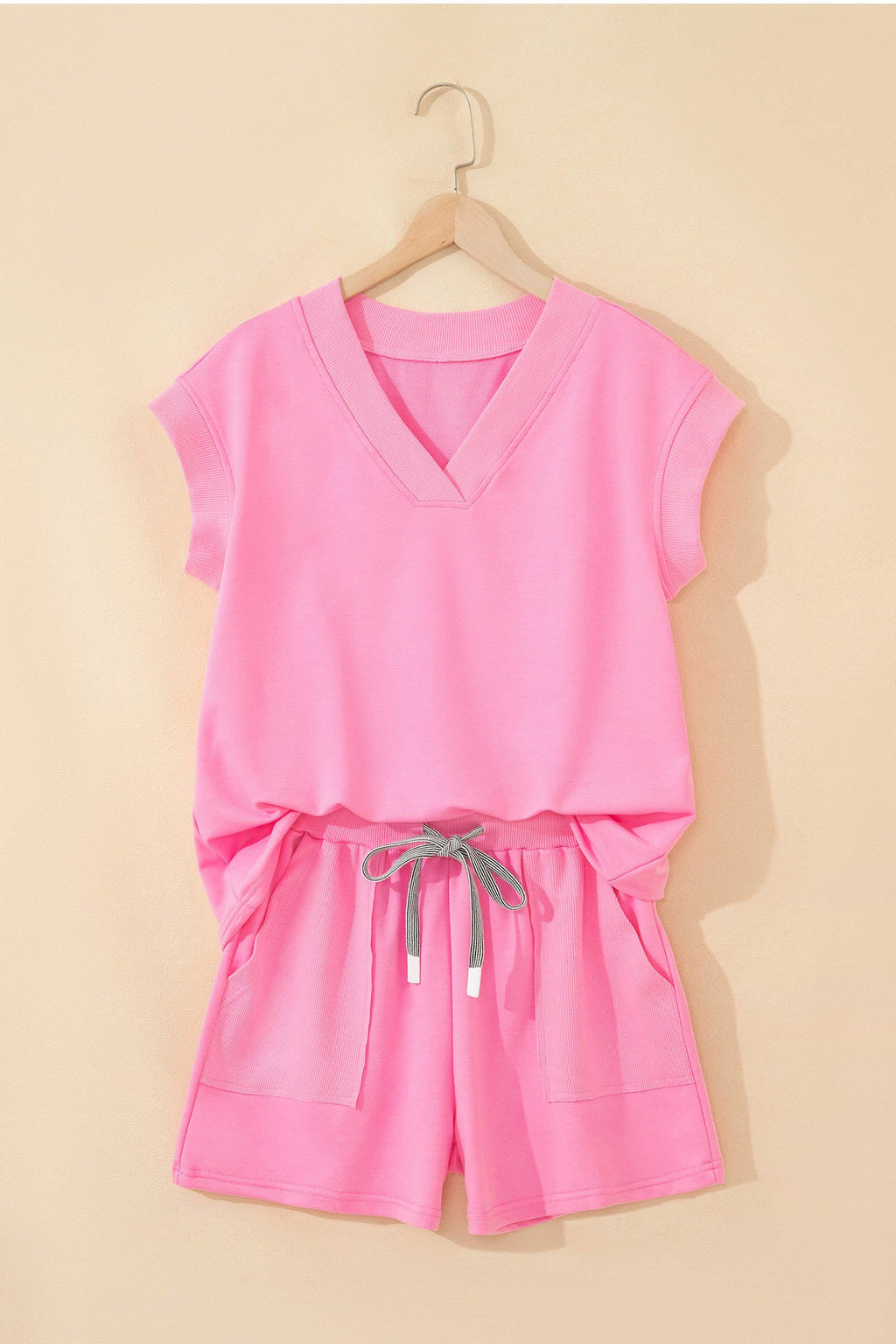 Sachet Pink V Neck Short Sleeve Top Drawstring Shorts 2pcs Set