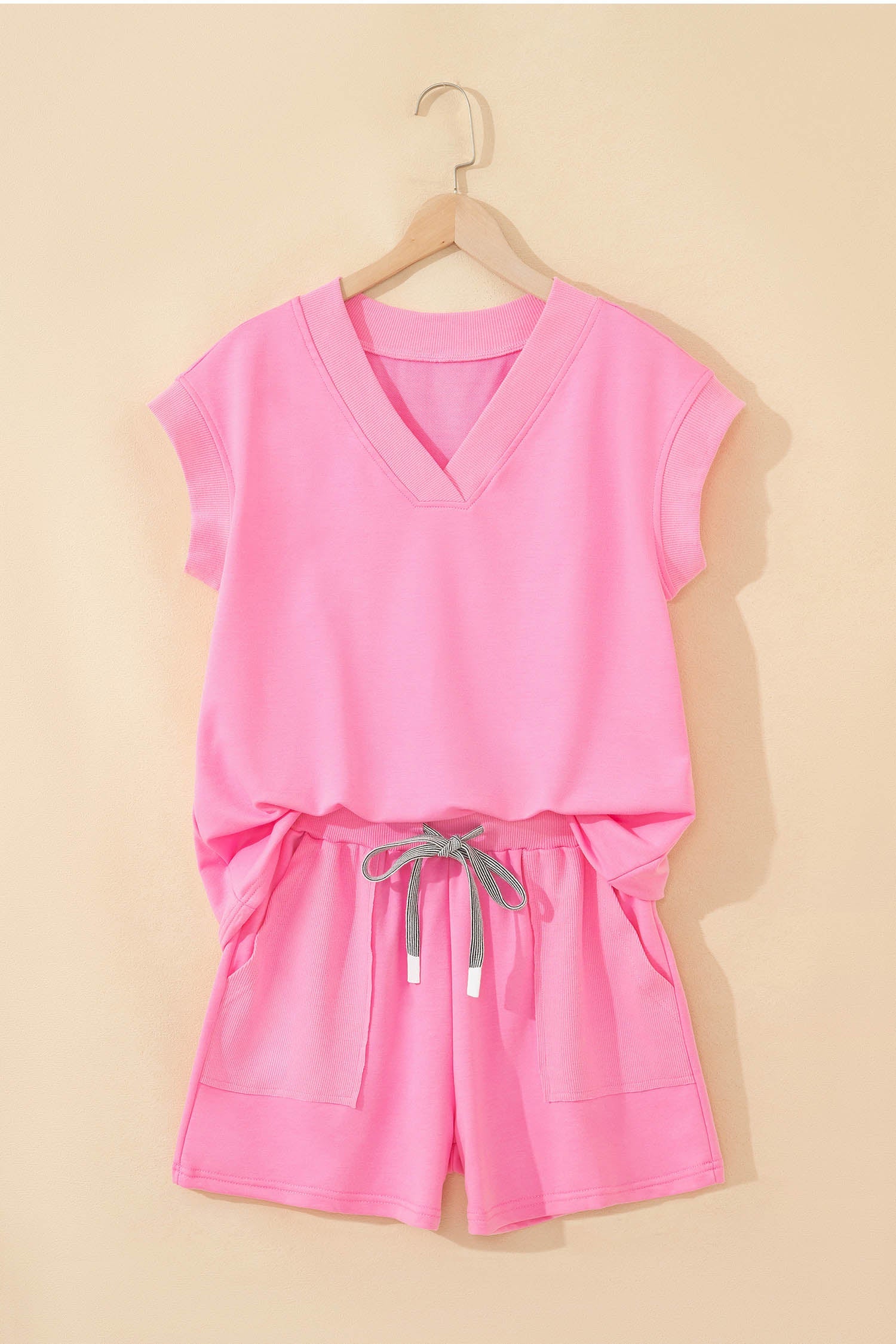 Sachet Pink V Neck Short Sleeve Top Drawstring Shorts 2pcs Set